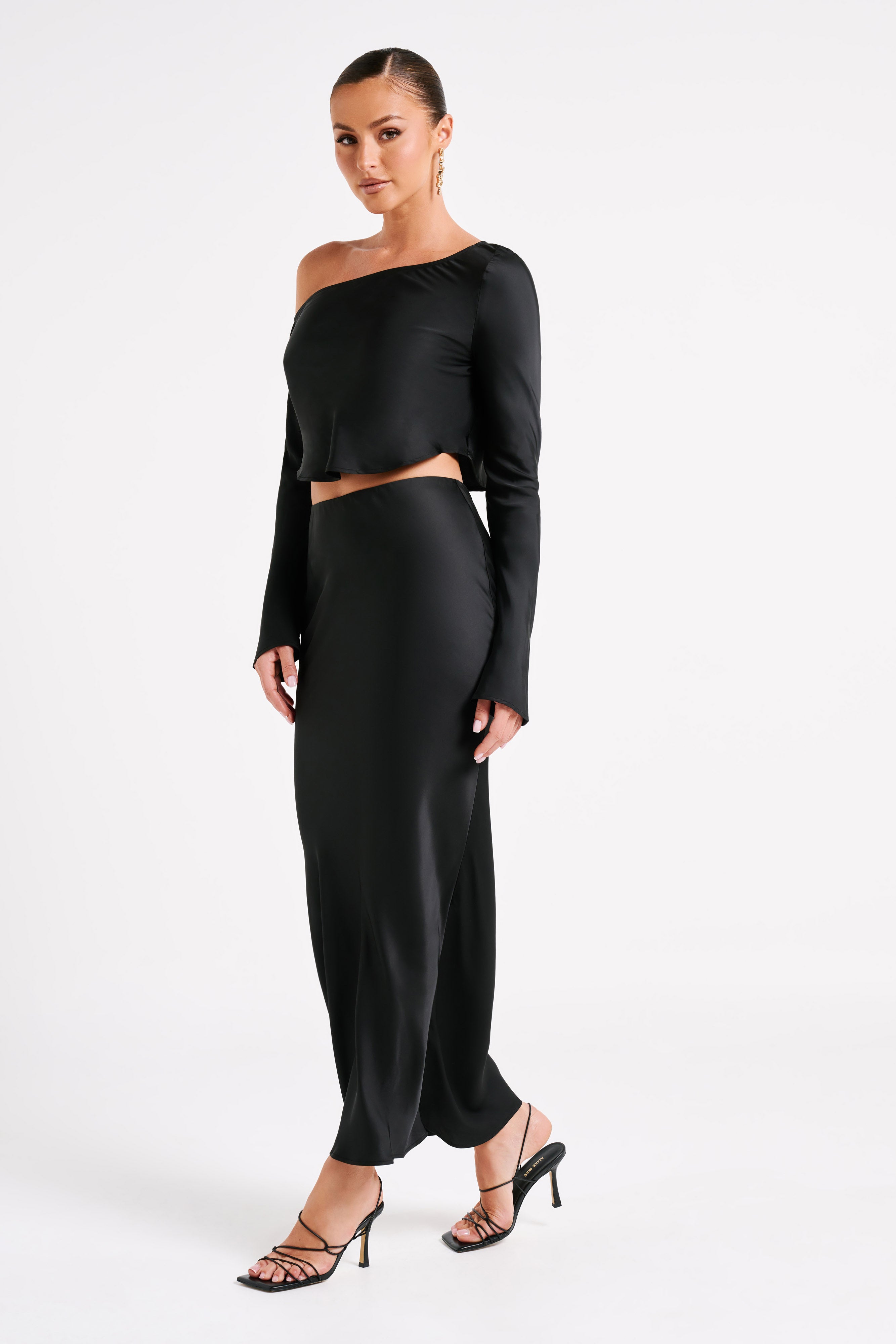 Violeta One Shoulder Satin Top - Black