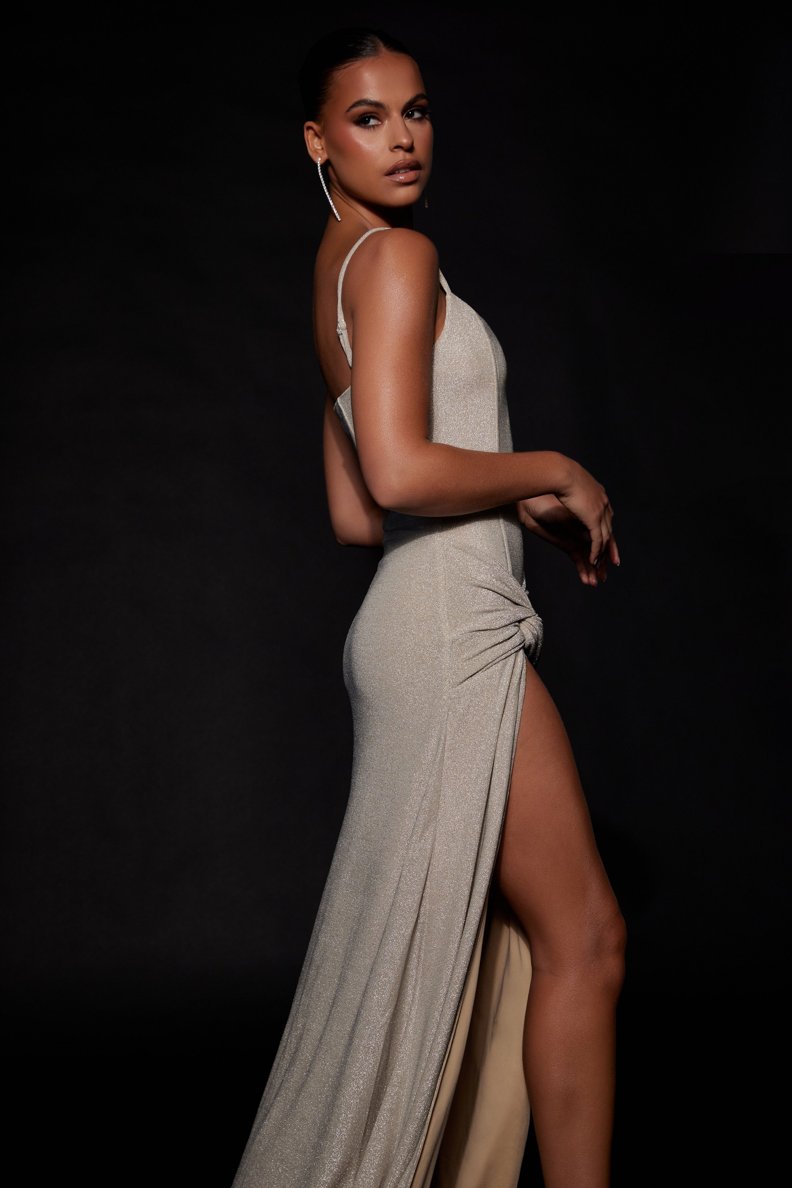 Celene Shimmer Corset Maxi Dress With Twist - Champagne