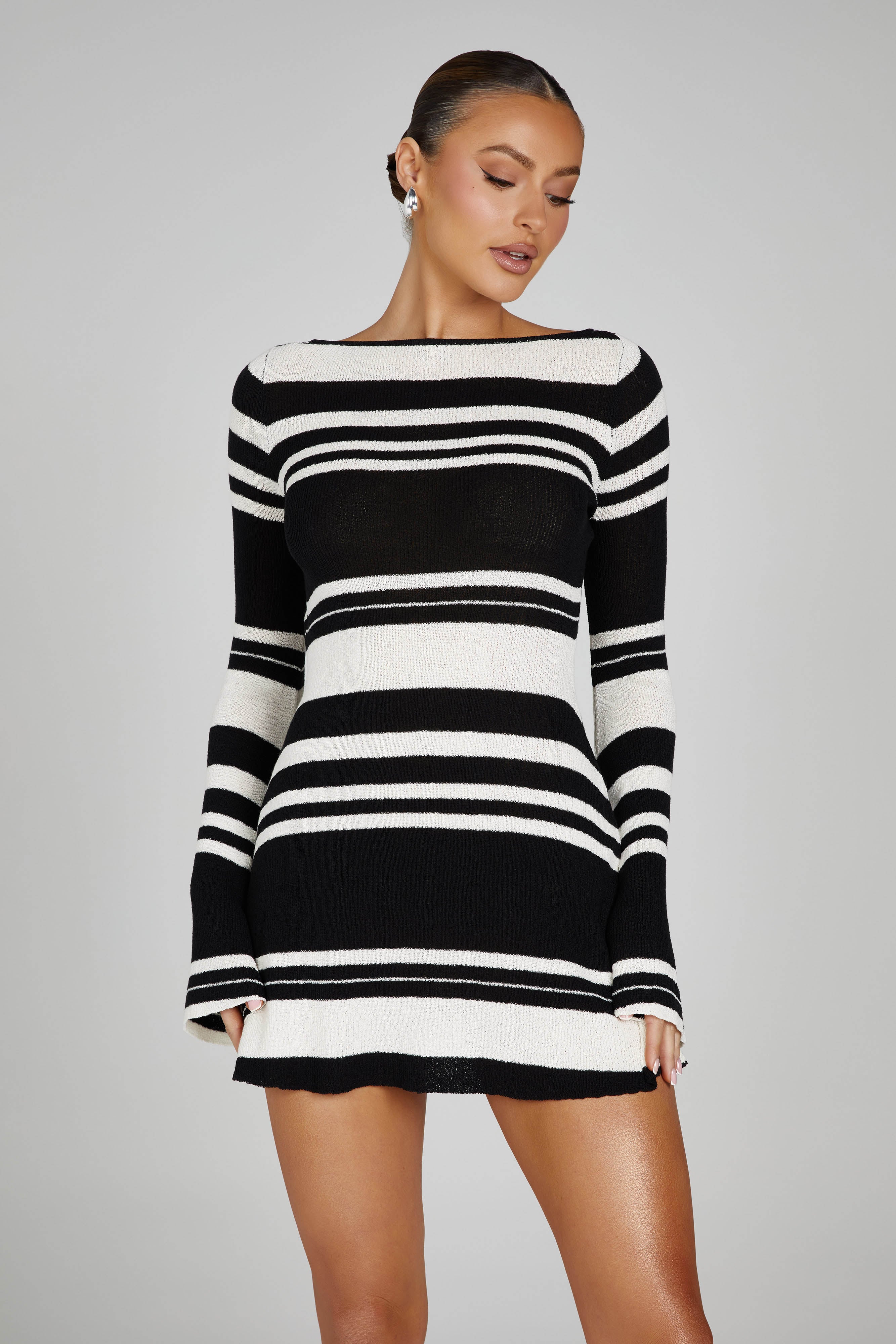 Zahra Long Sleeve Open Back Mini Knit Dress - Black/White