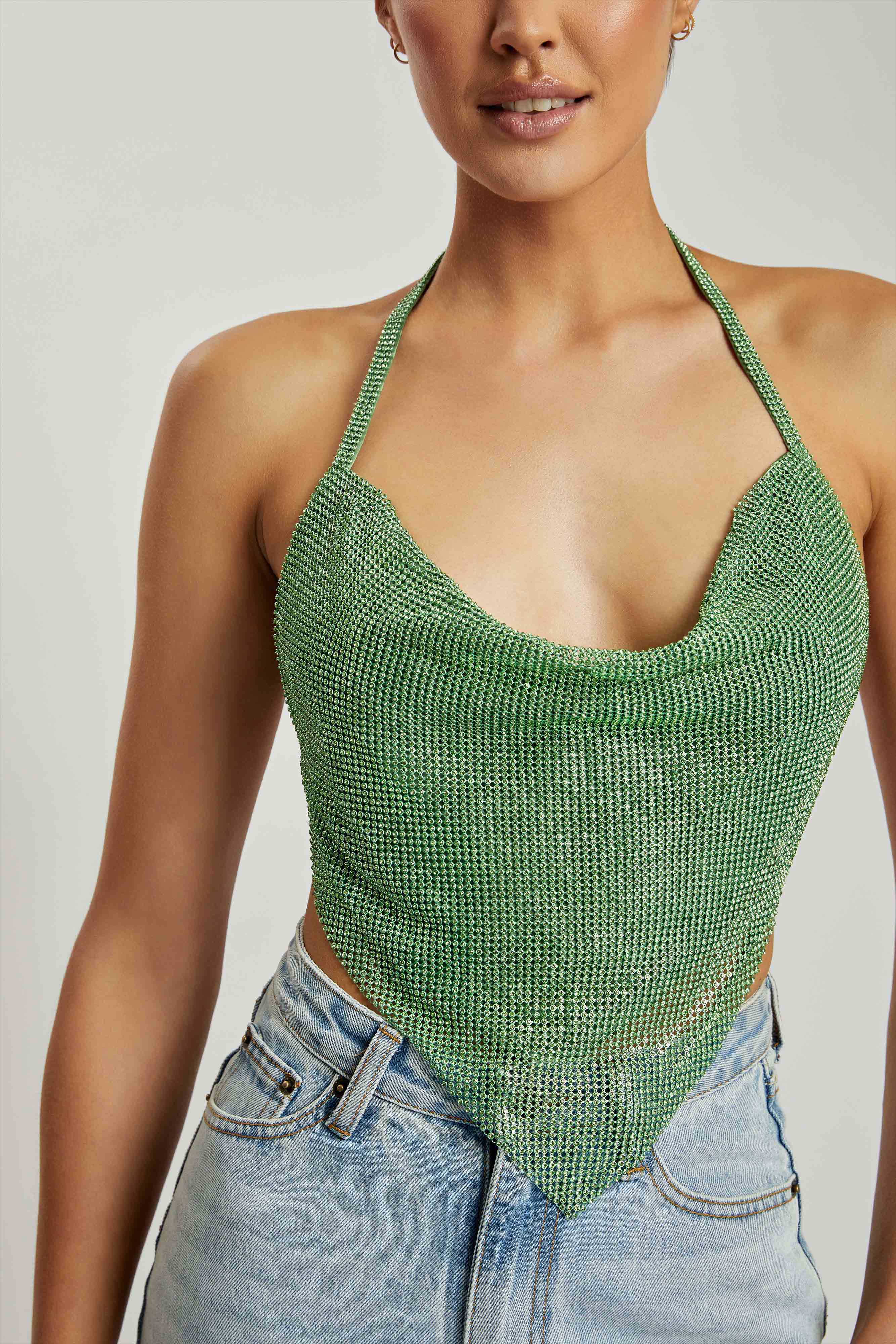 Daphne Diamante Cowl Neck Halter Top - Green