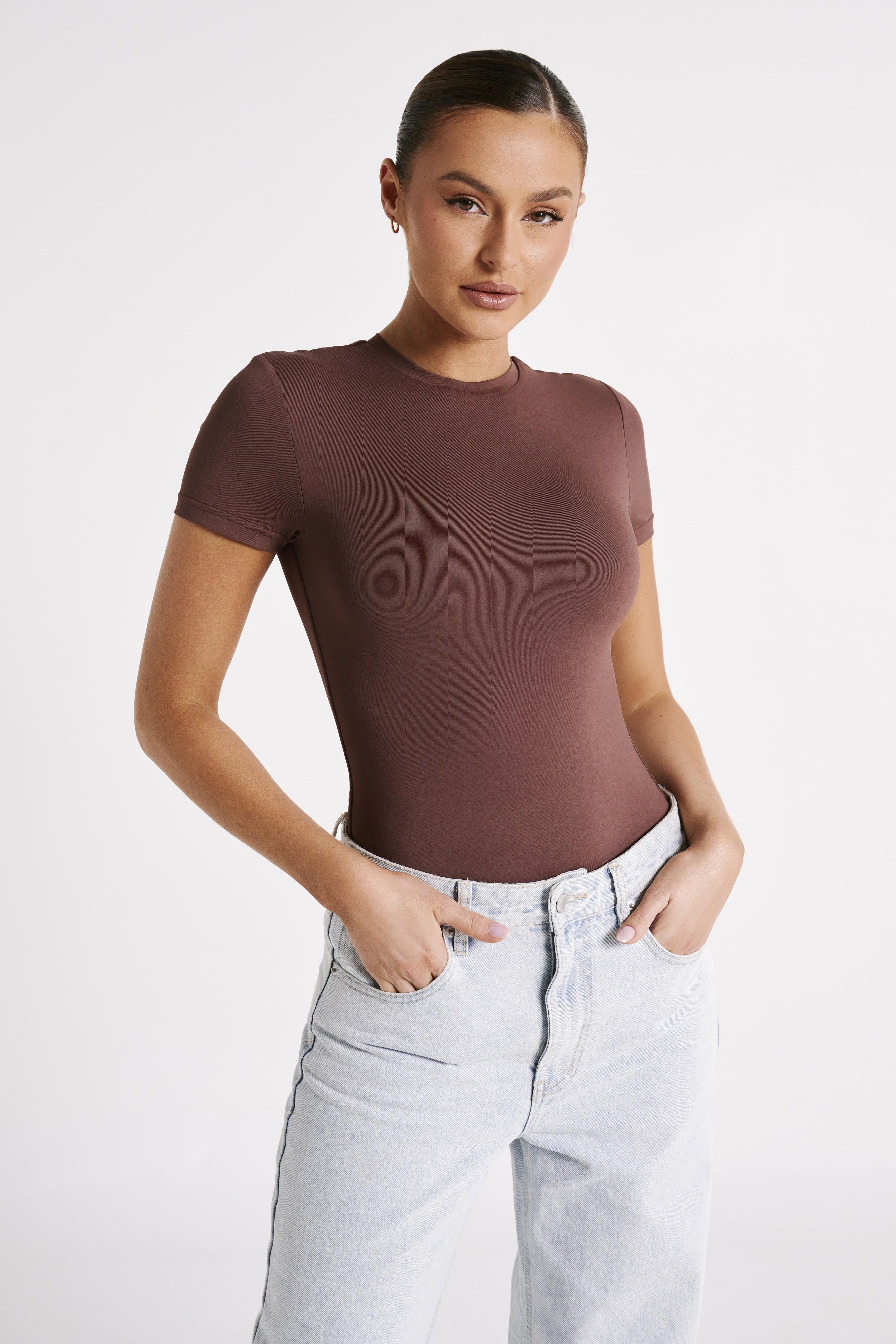 Francesca Recycled Nylon Crew Neck Short Sleeve Bodysuit - Mocha