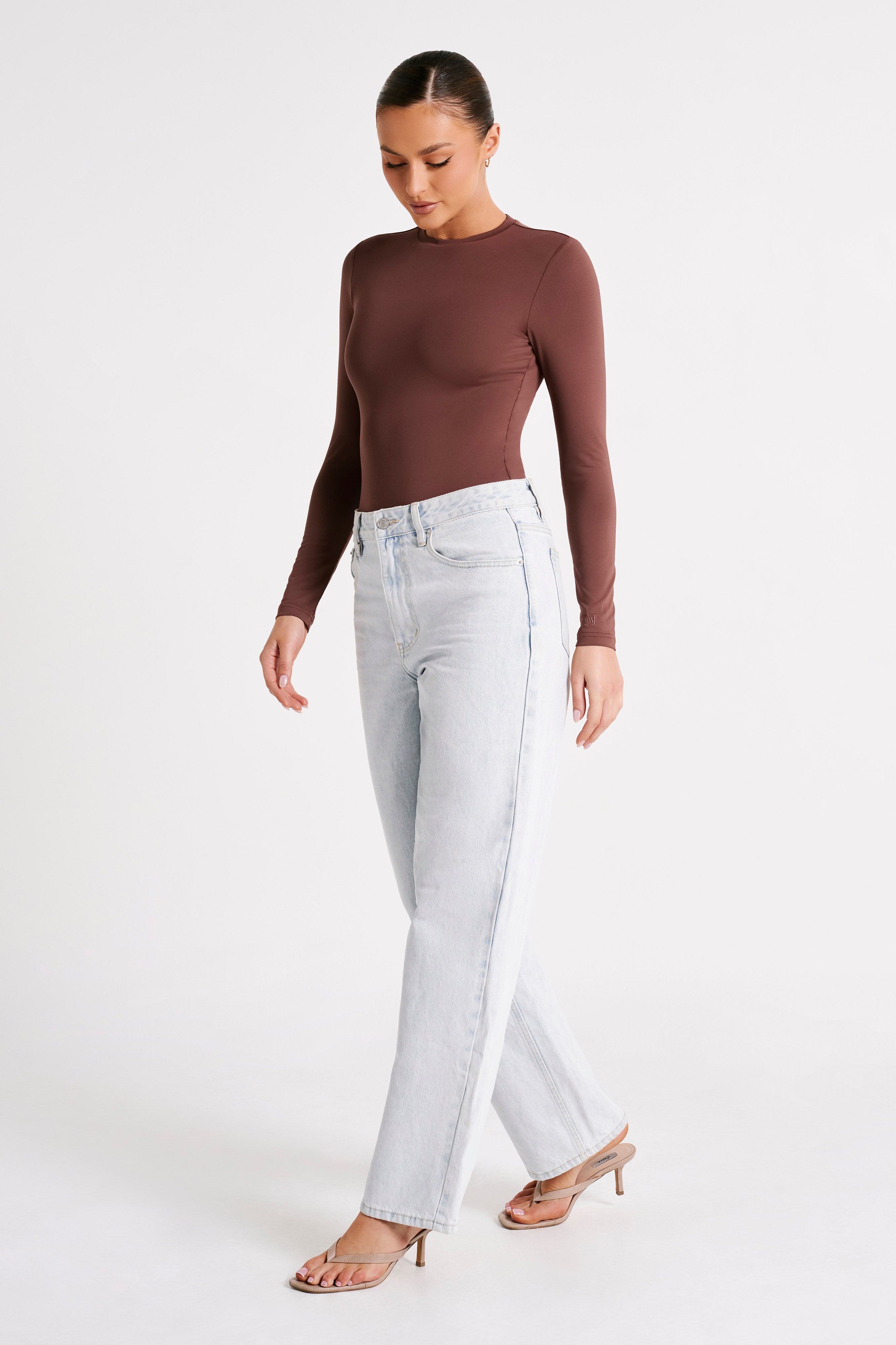 Delilah Recycled Nylon Long Sleeve Crew Neck Bodysuit - Mocha