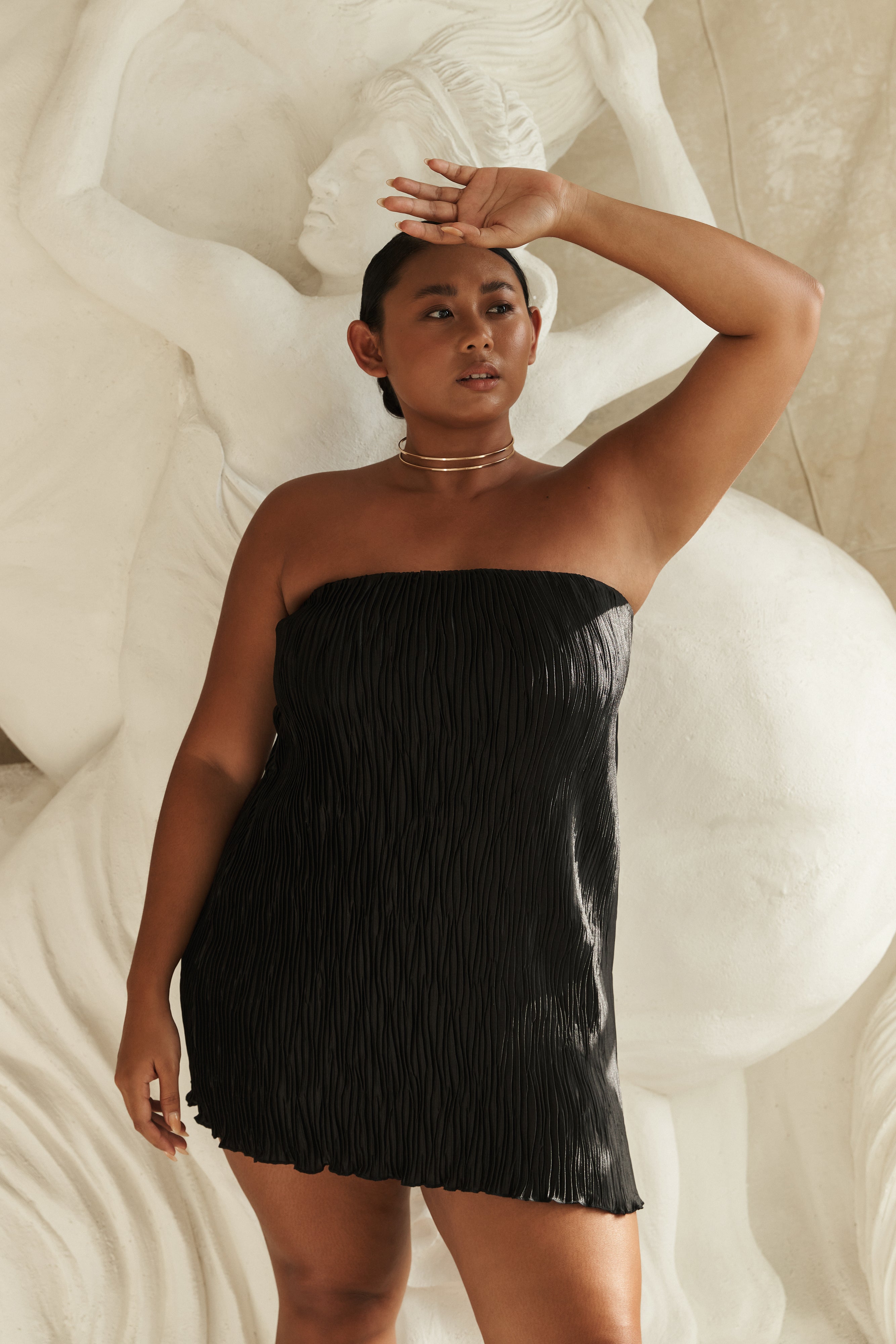 Athena Plisse Mini Shift Dress - Black