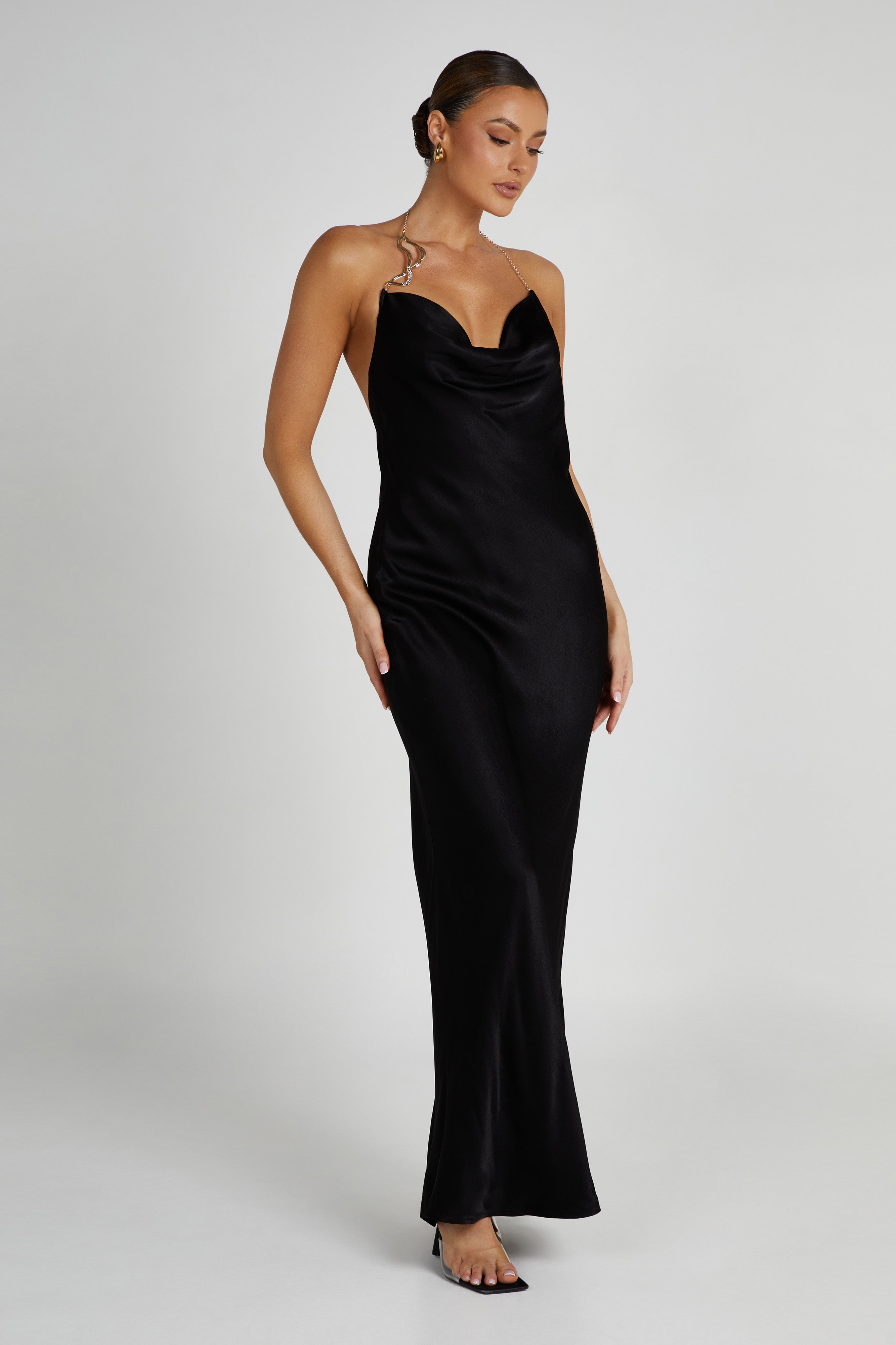 Melissa Satin Cowl Front Maxi Dress - Black