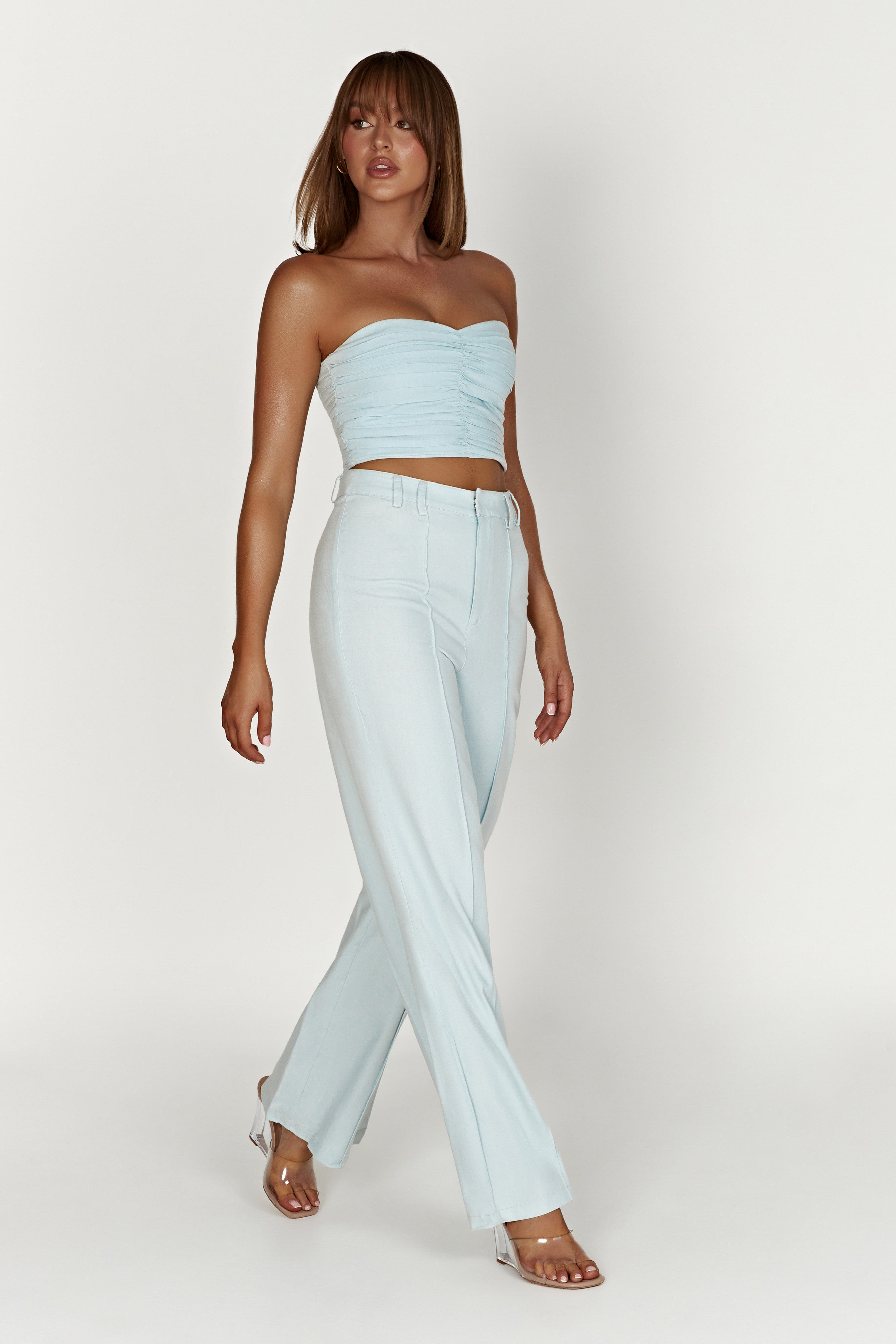 Mckenna Gathered Linen Top - Powder Blue