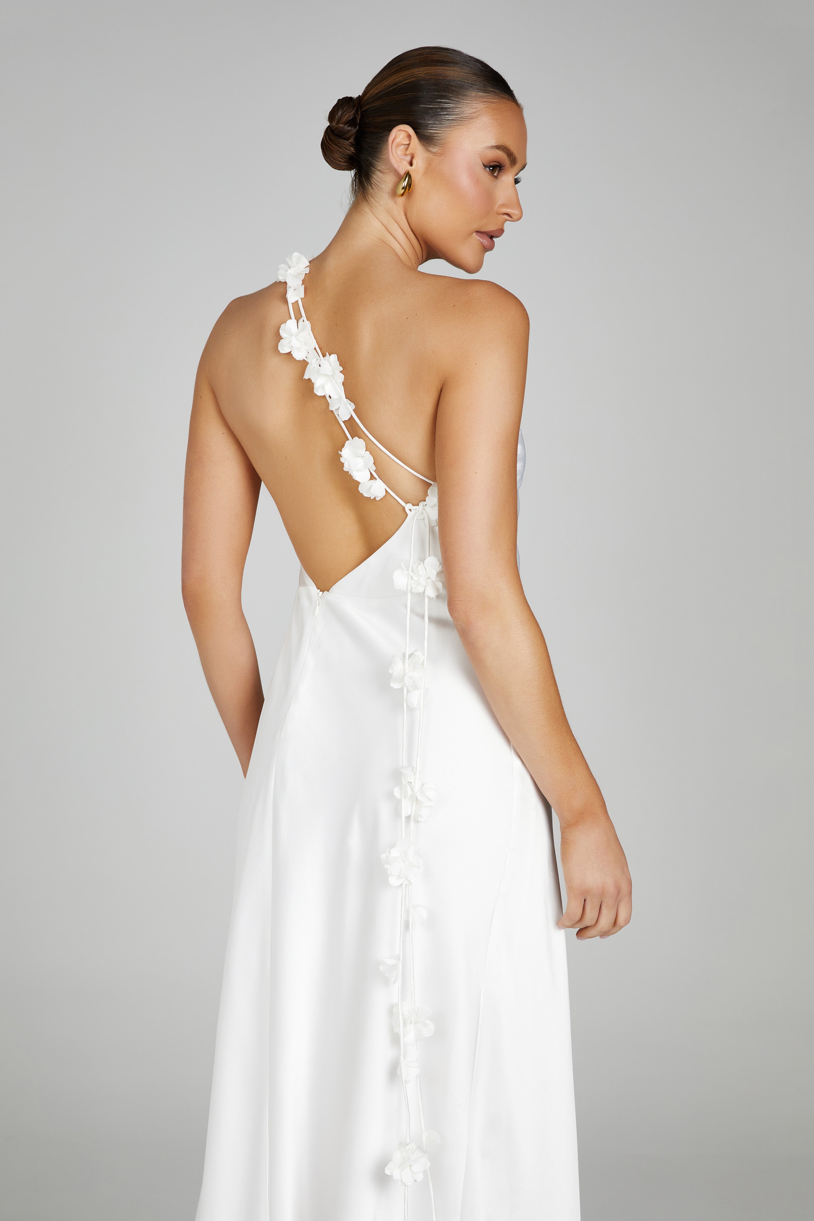 Rebecca One Shoulder Rose Maxi Dress - White