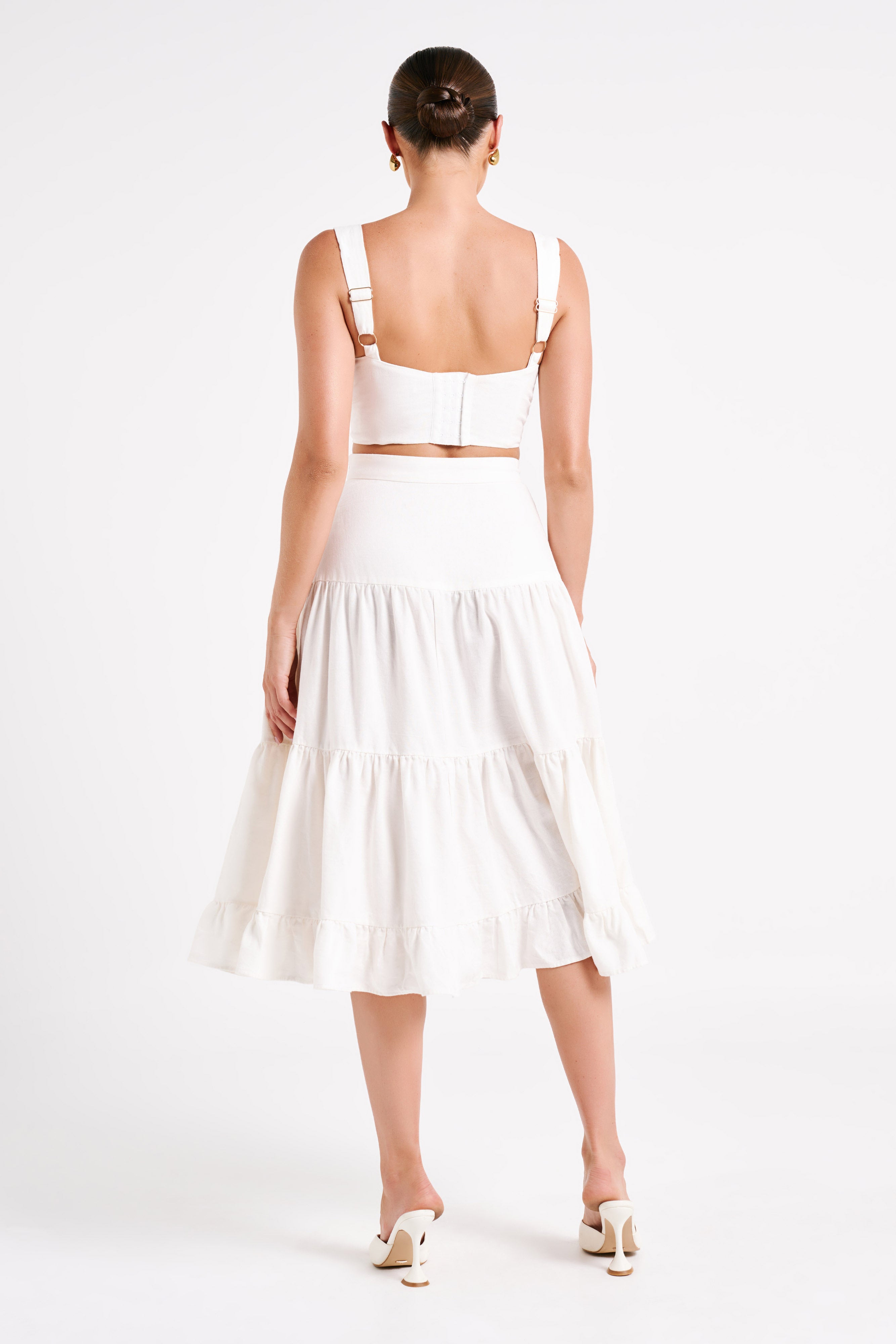 Hilaria Tiered Linen Midi Skirt - White