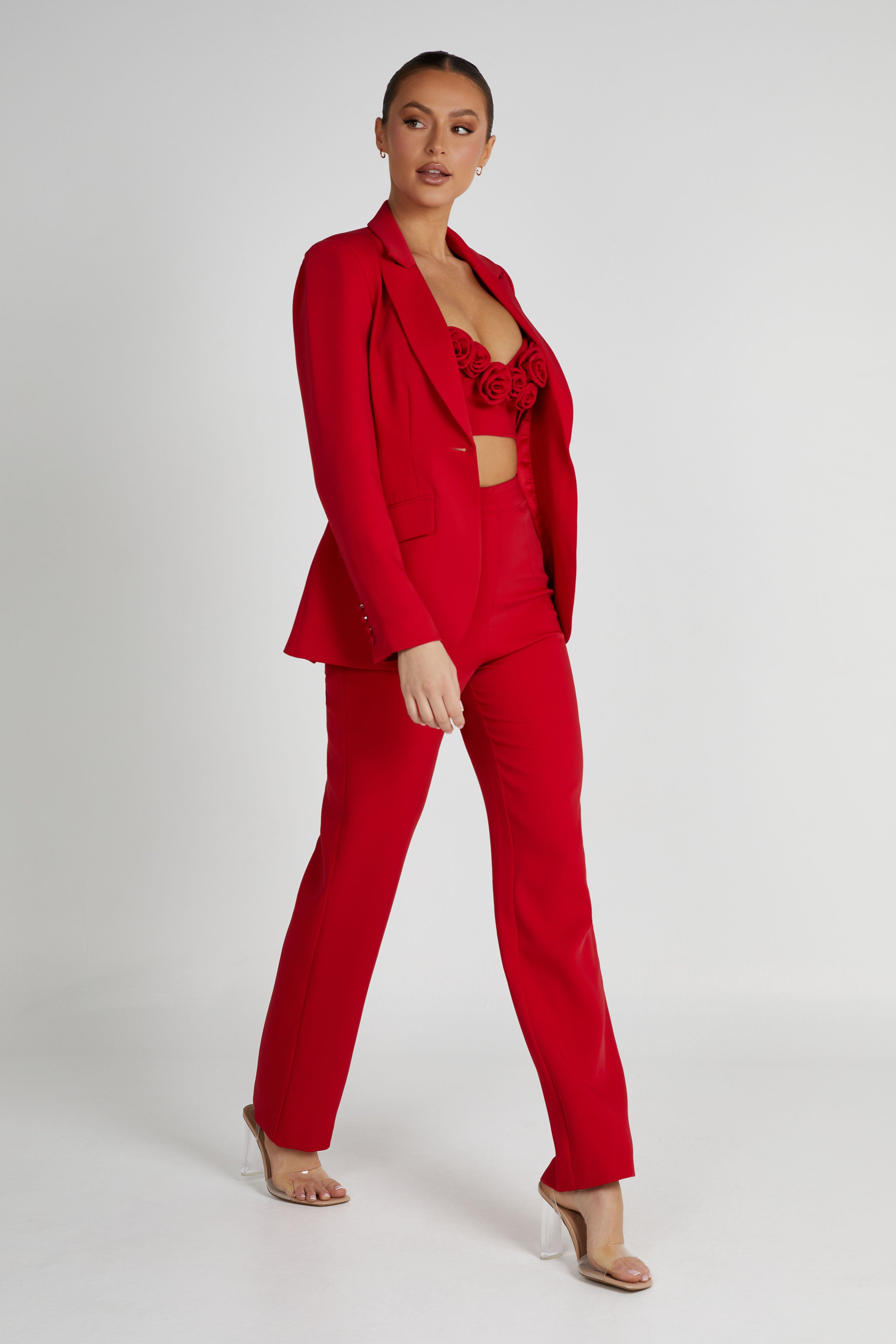 Helda Fitted Cinched Waist Blazer - Red