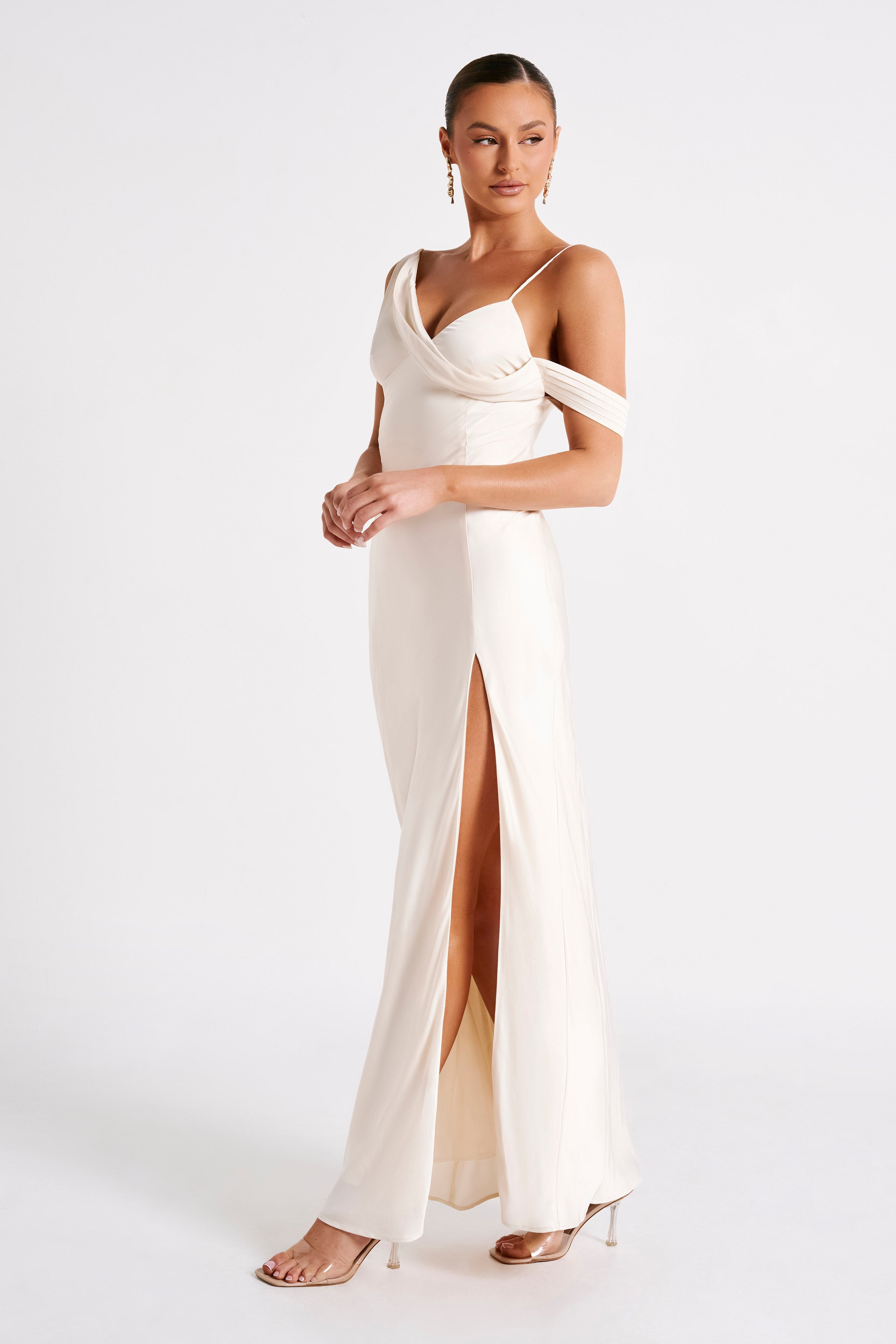Soleil Satin Off Shoulder Maxi Dress - Ivory