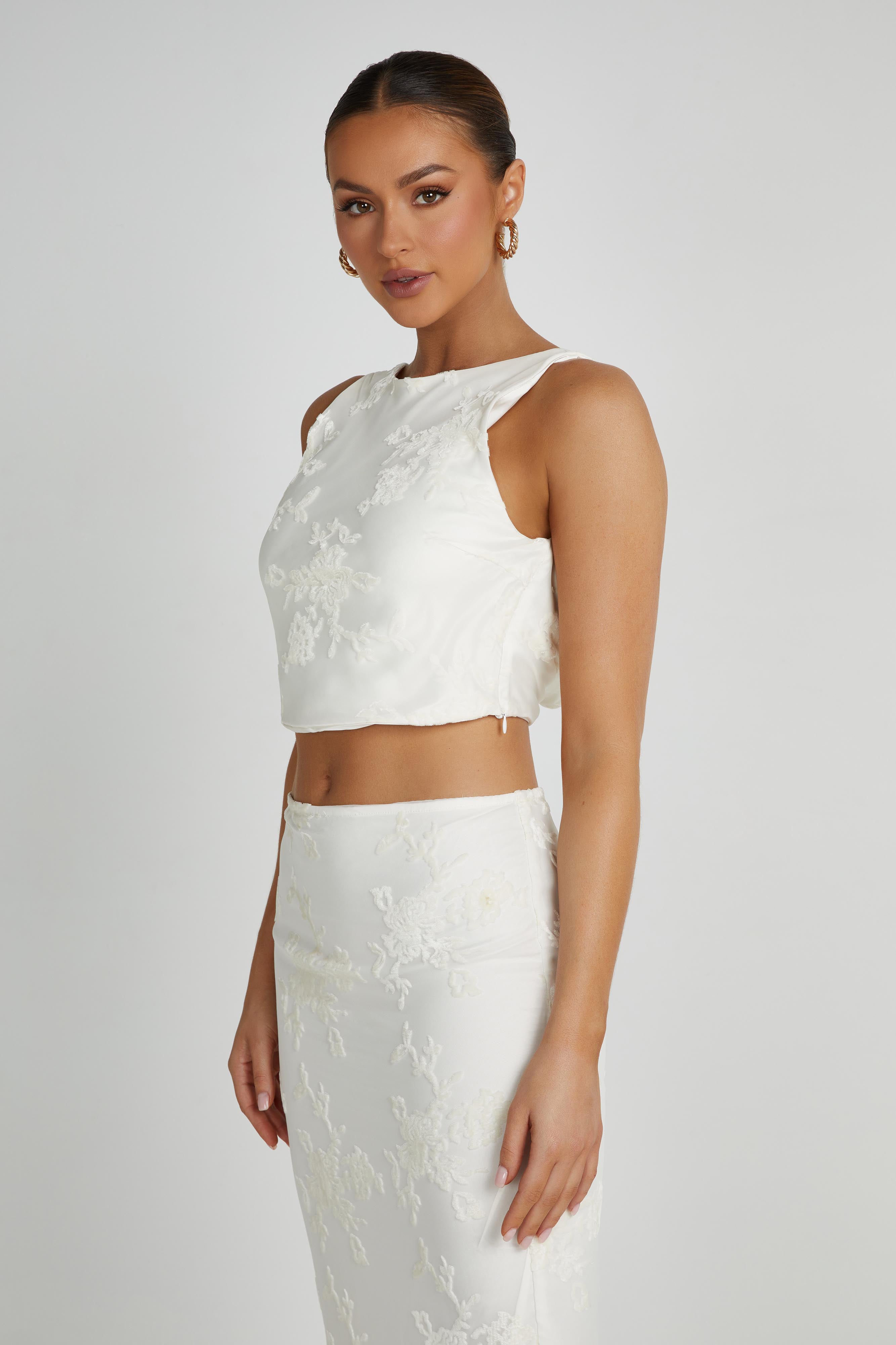 Mona Burnout Velvet Cowl Back Top - White