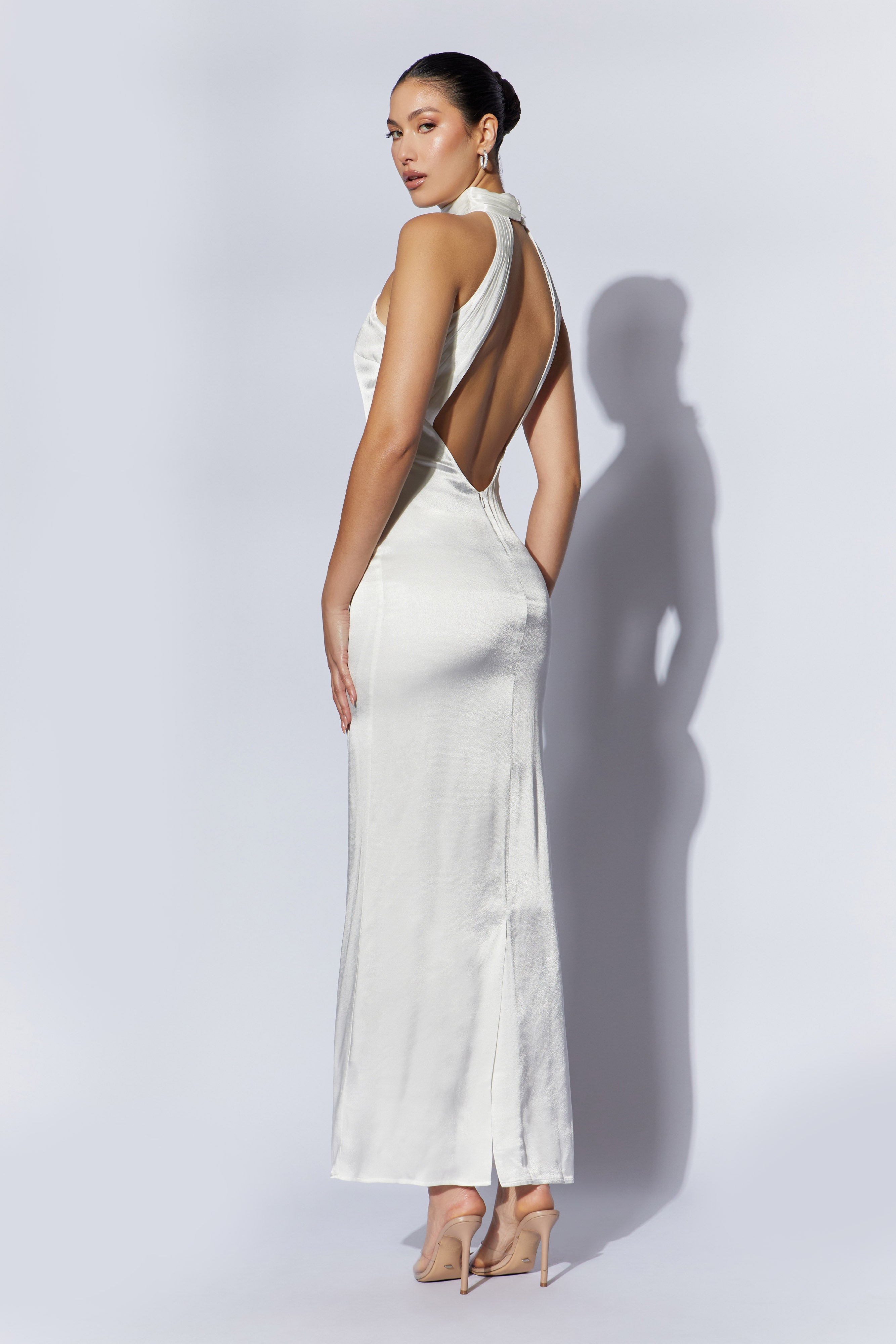 Claire Satin Drape Back Maxi Dress - White