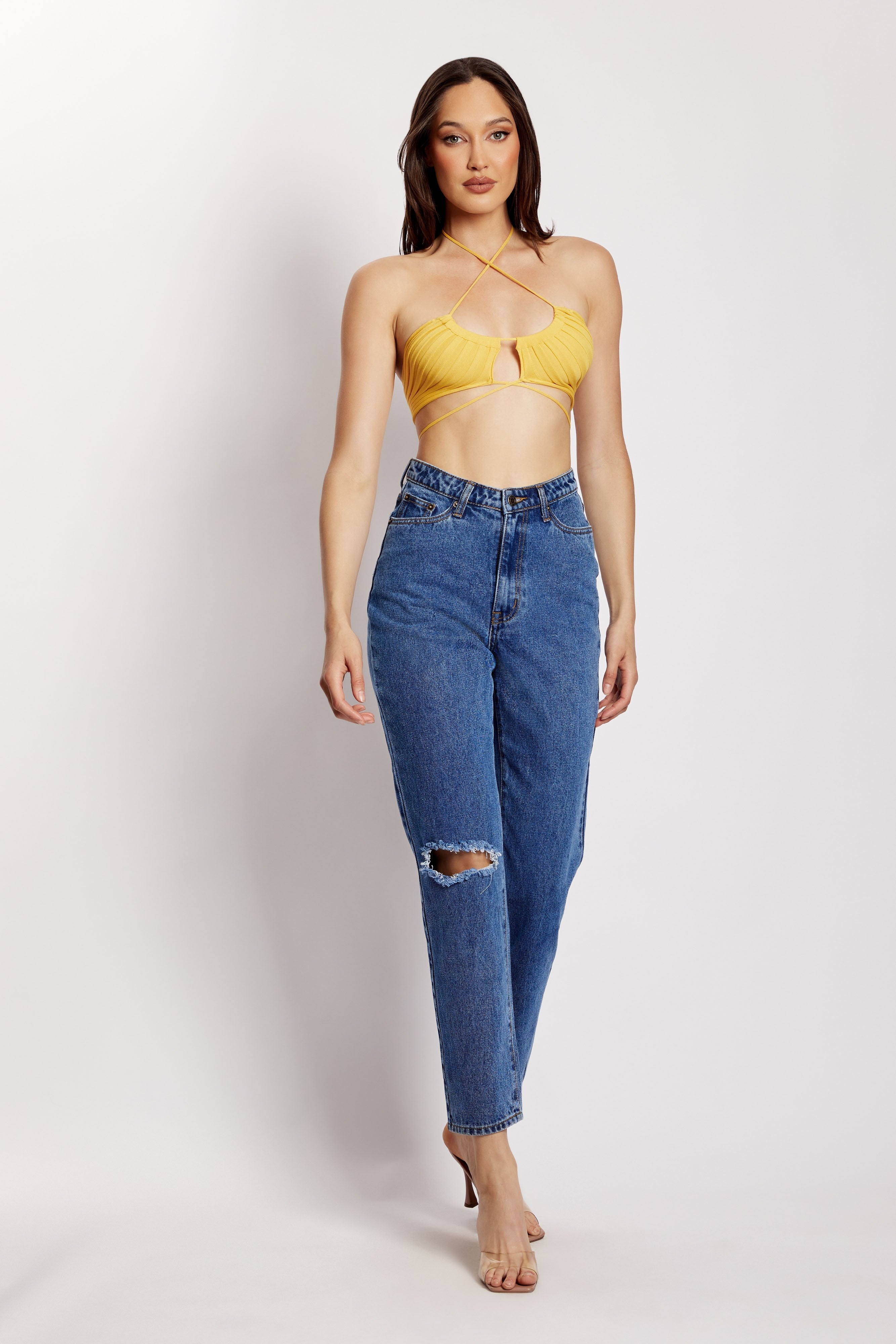 Stacey Ruched Knit Halter Top - Yellow