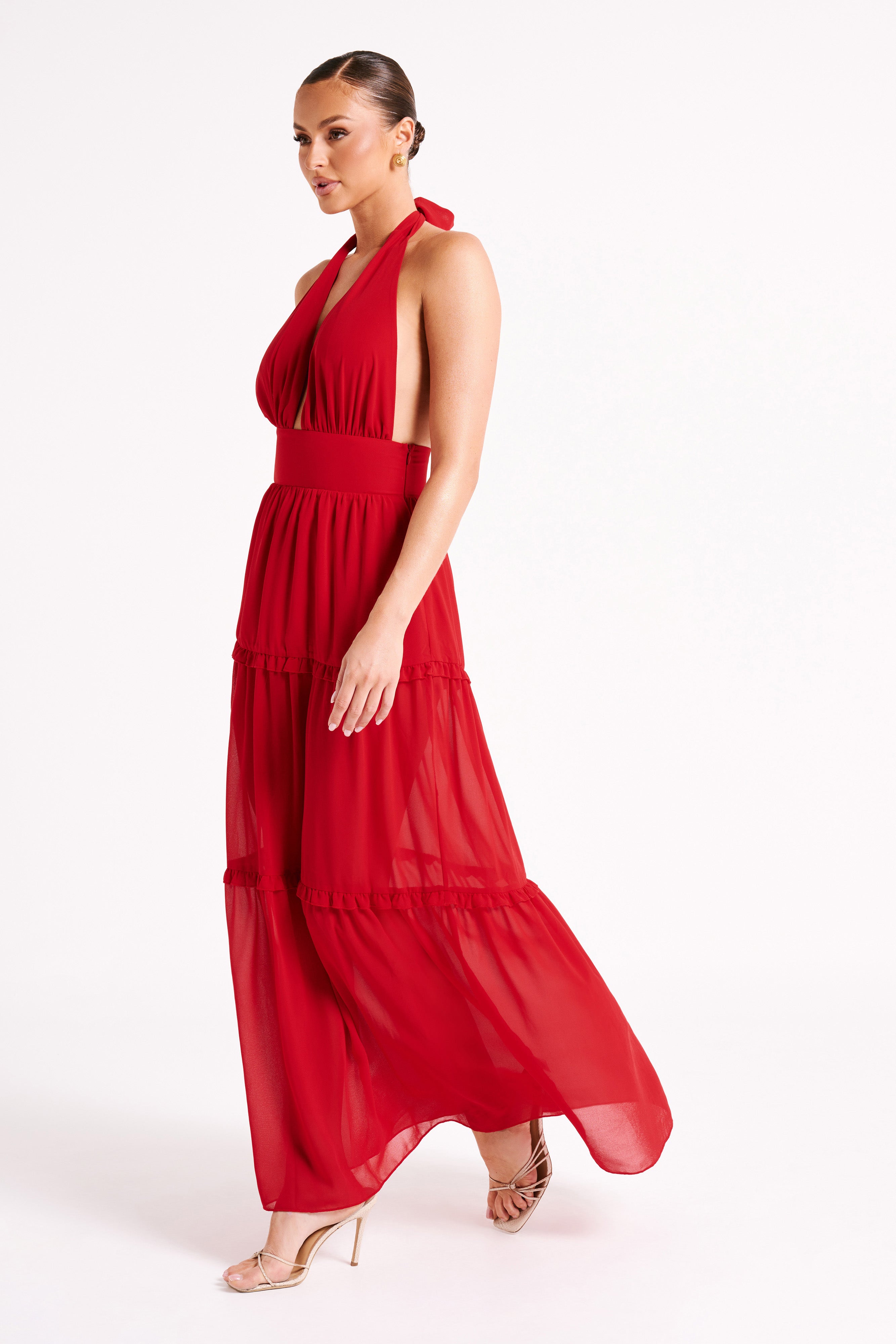 Marianna Tiered Halter Maxi Dress - Vermilion Red