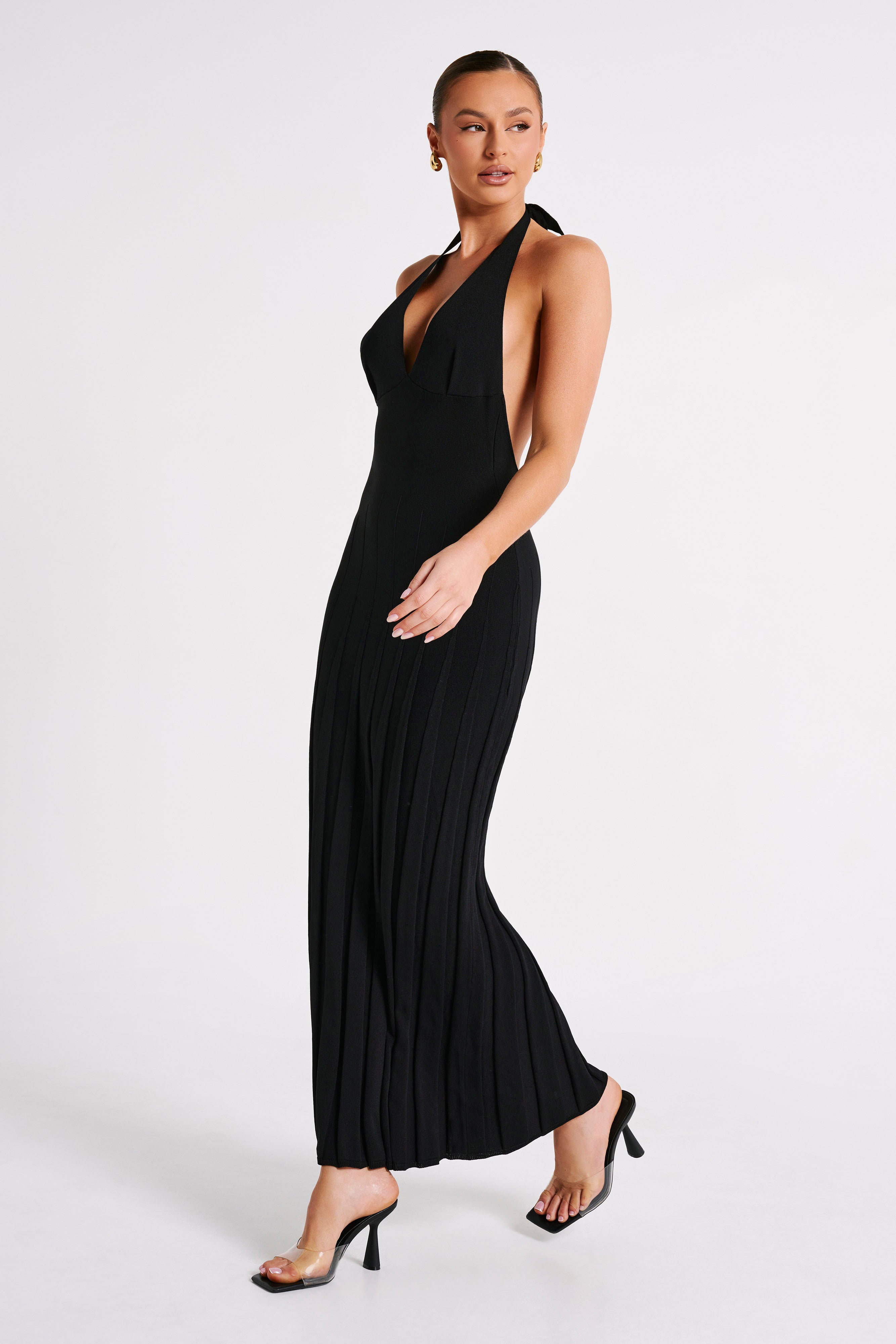 Caity Ribbed Halter Maxi Dress - Black