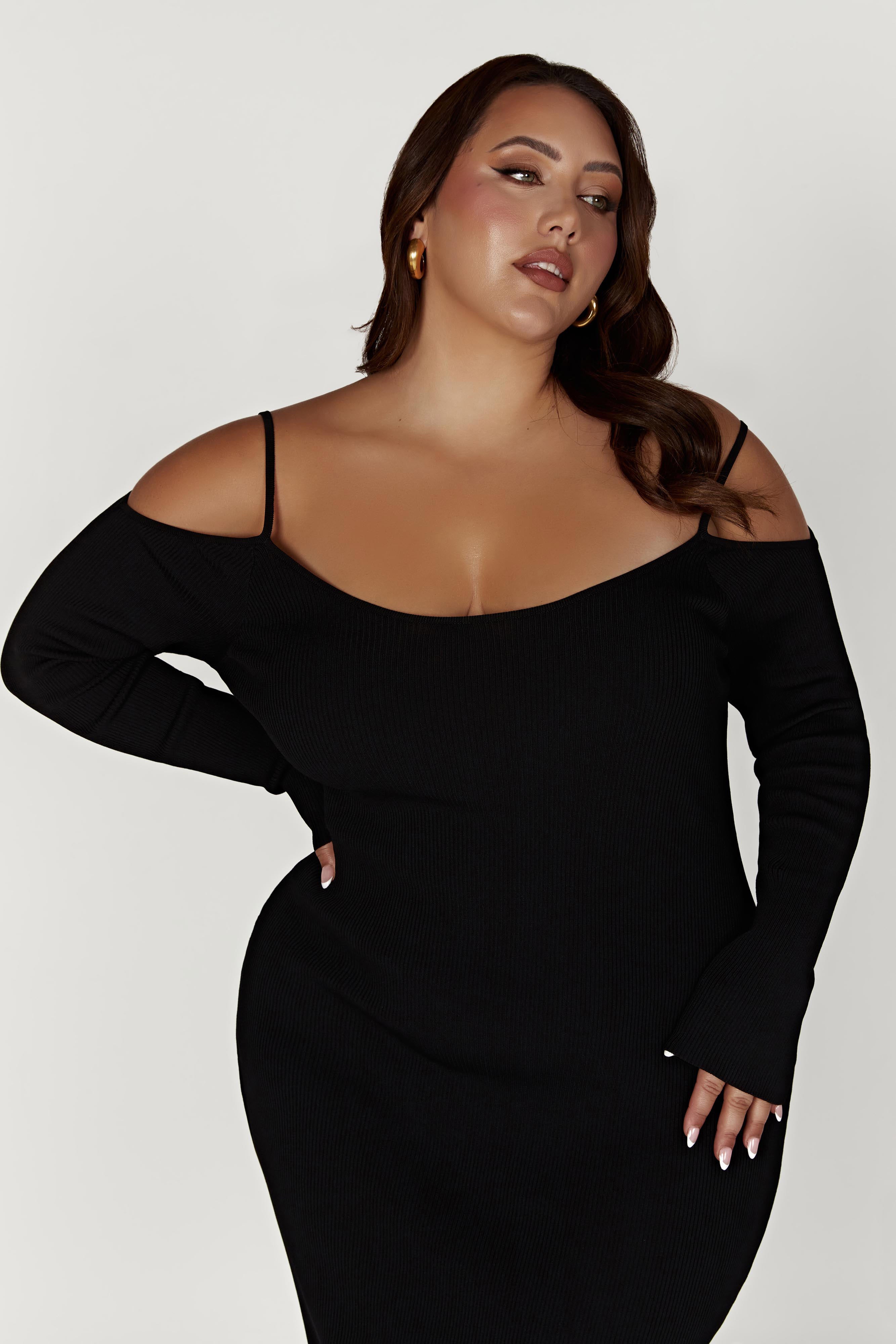 Shea Off Shoulder Knit Midi Dress - Black