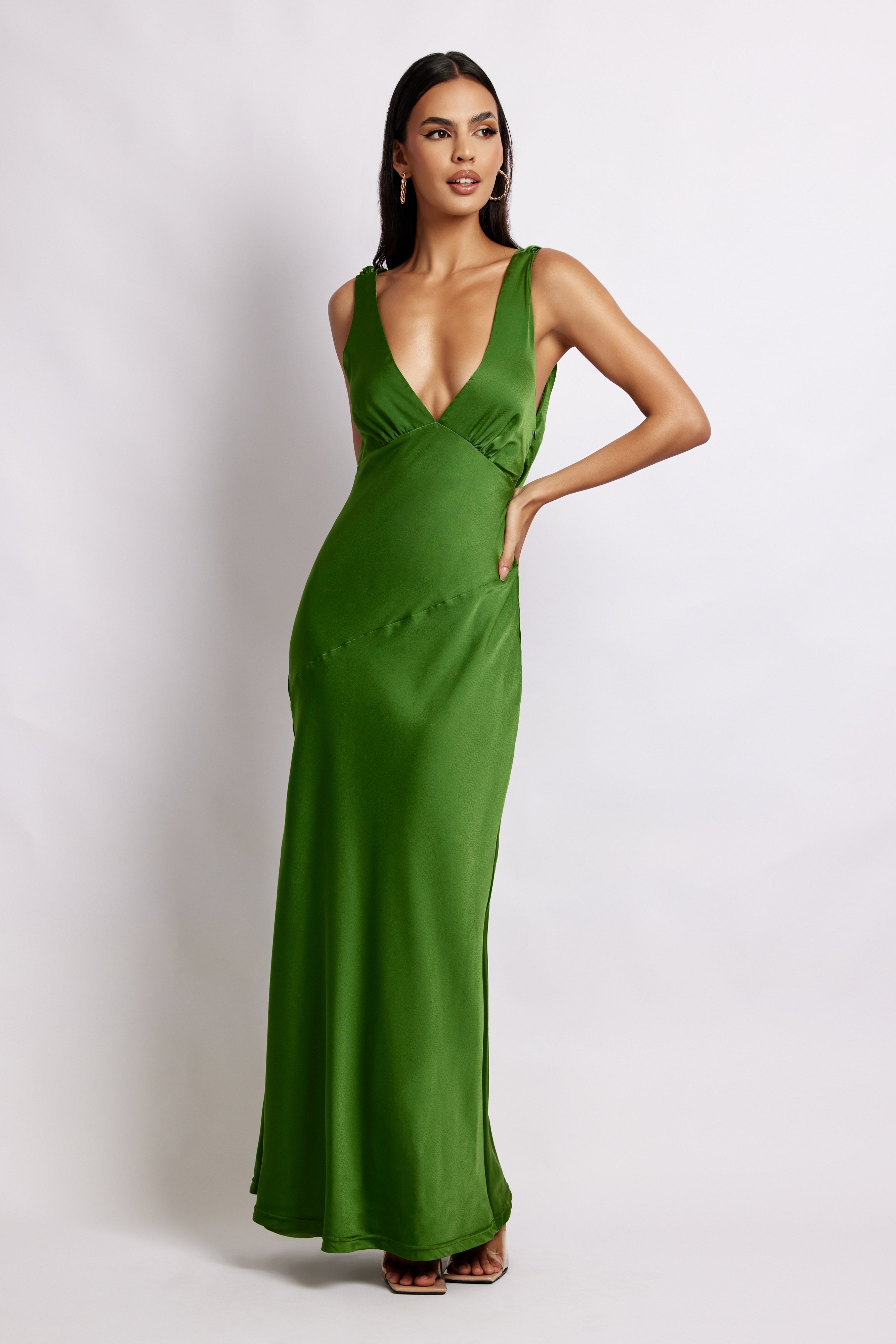 Nadia Maxi Satin Dress With Back Cowl - Emerald
