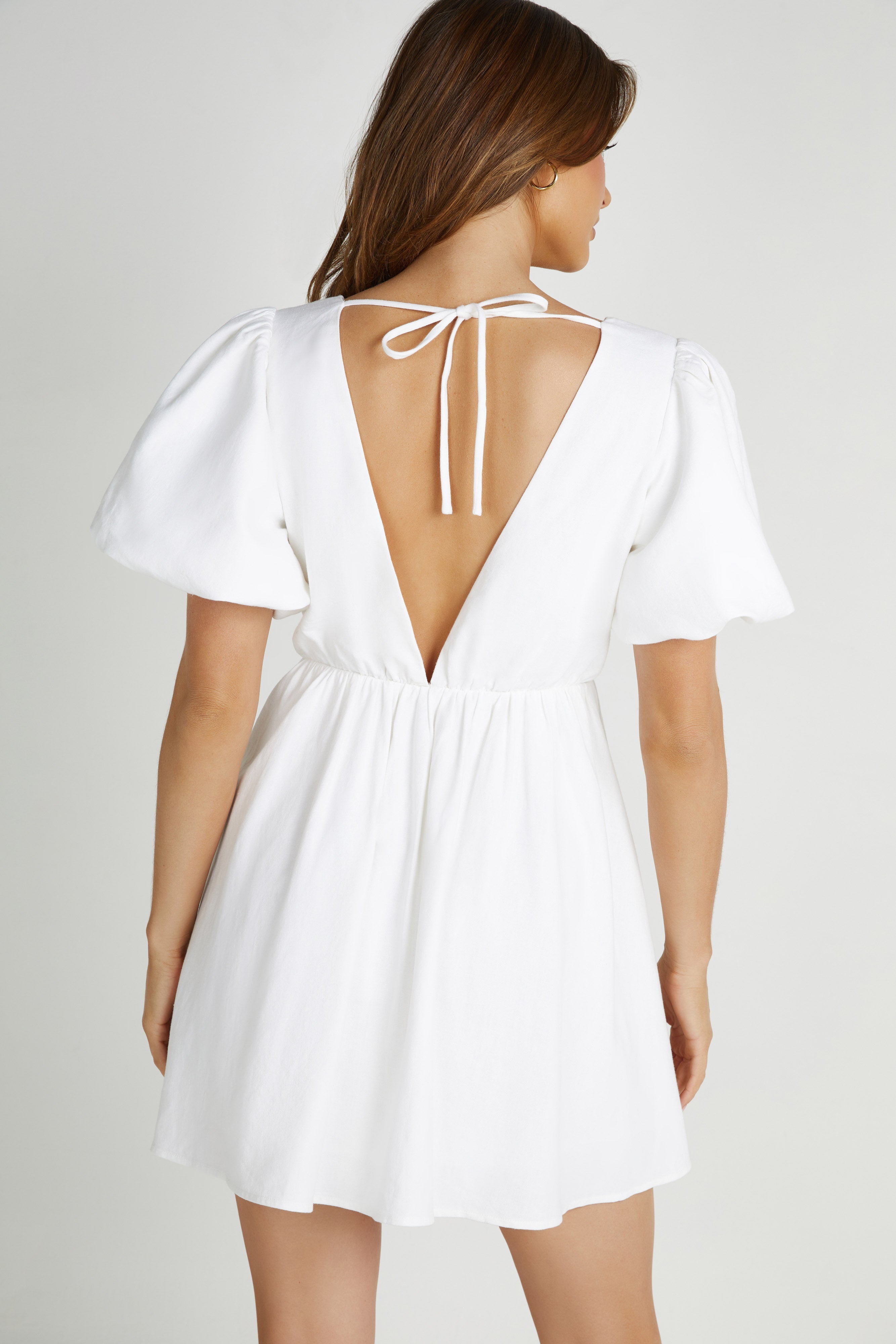 Myrah Puff Sleeve Linen Mini Dress - White