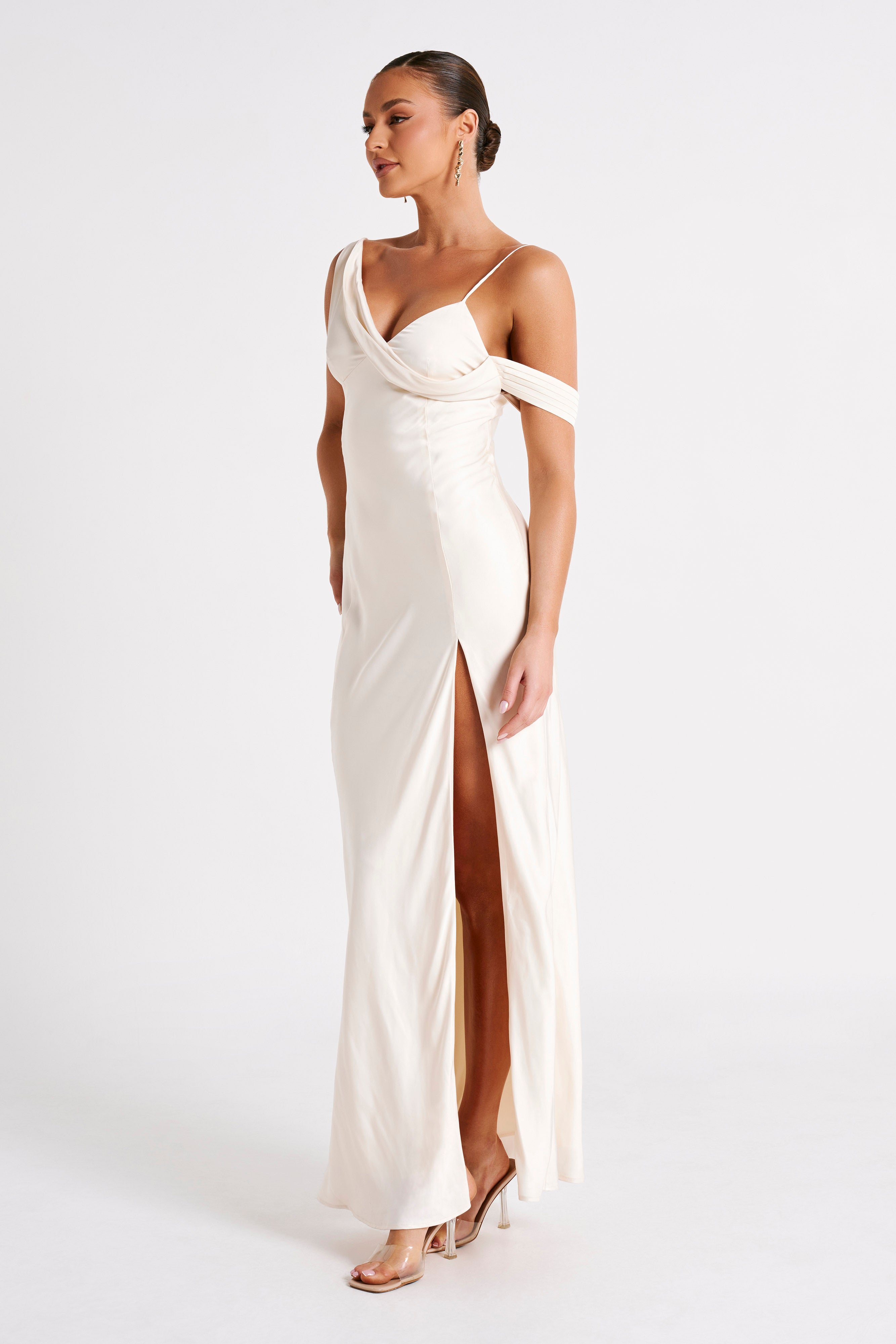 Soleil Satin Off Shoulder Maxi Dress - Ivory