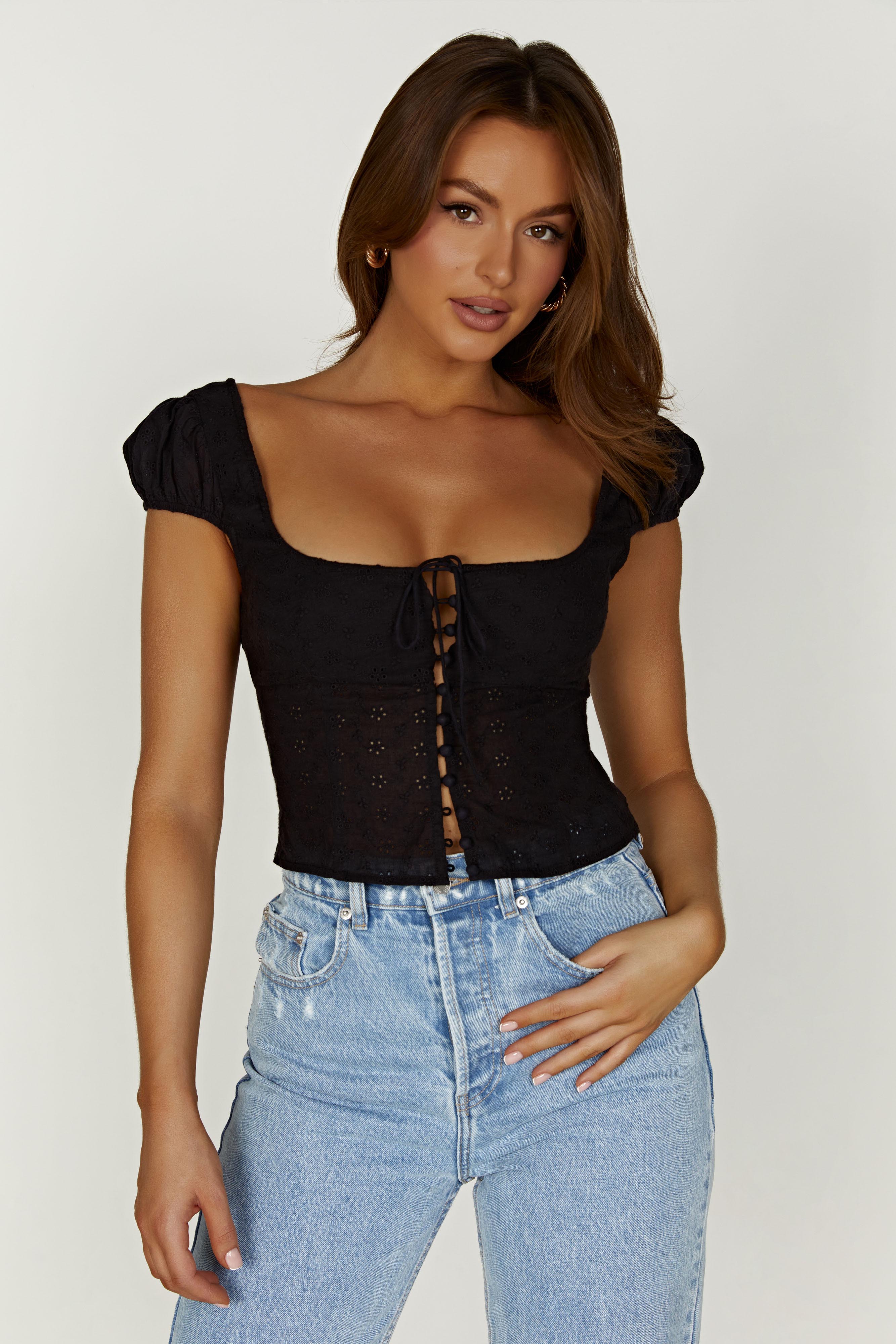 Cressida Cotton Anglaise Puff Sleeve Top - Black