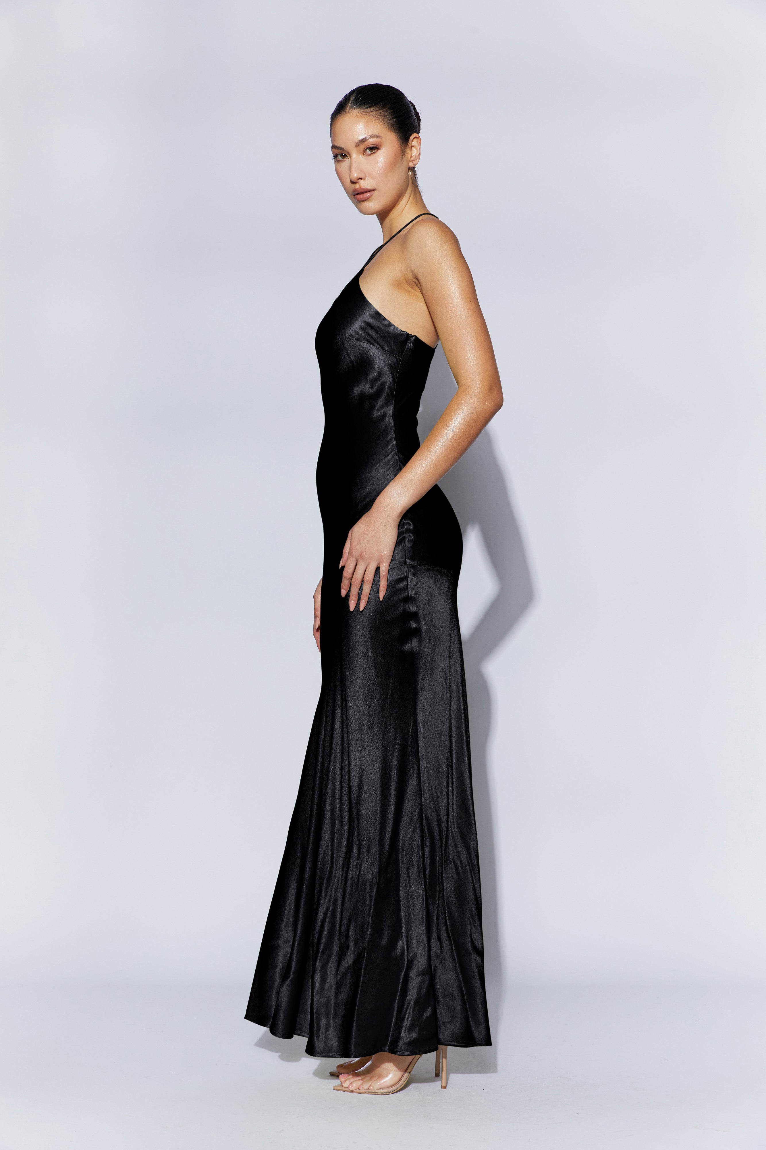 Avery Satin Maxi Halter Dress - Black