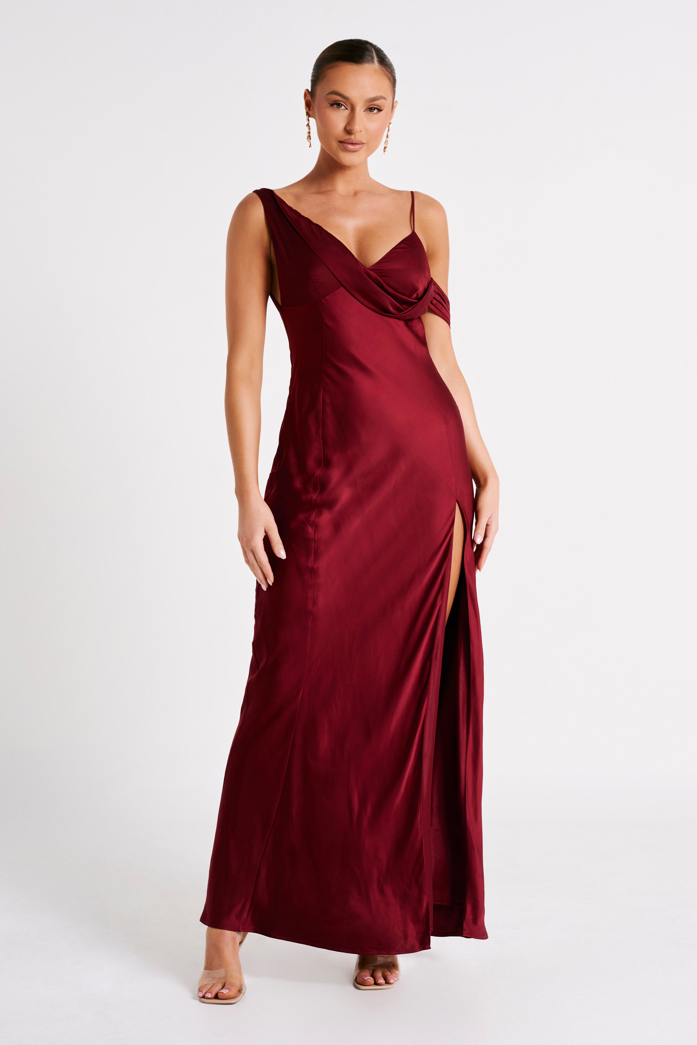 Valentine's Day Satin Off Shoulder Maxi Dress - Berry