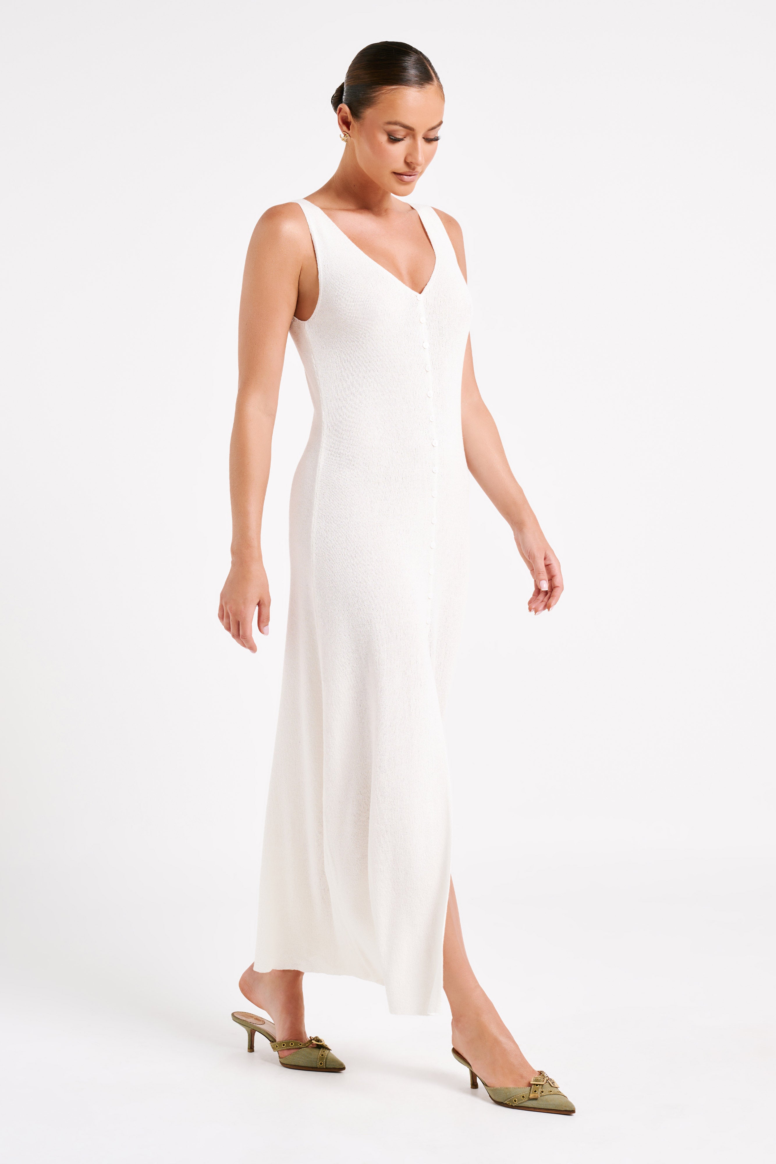 Antonia Buttoned Knit Maxi Dress - White