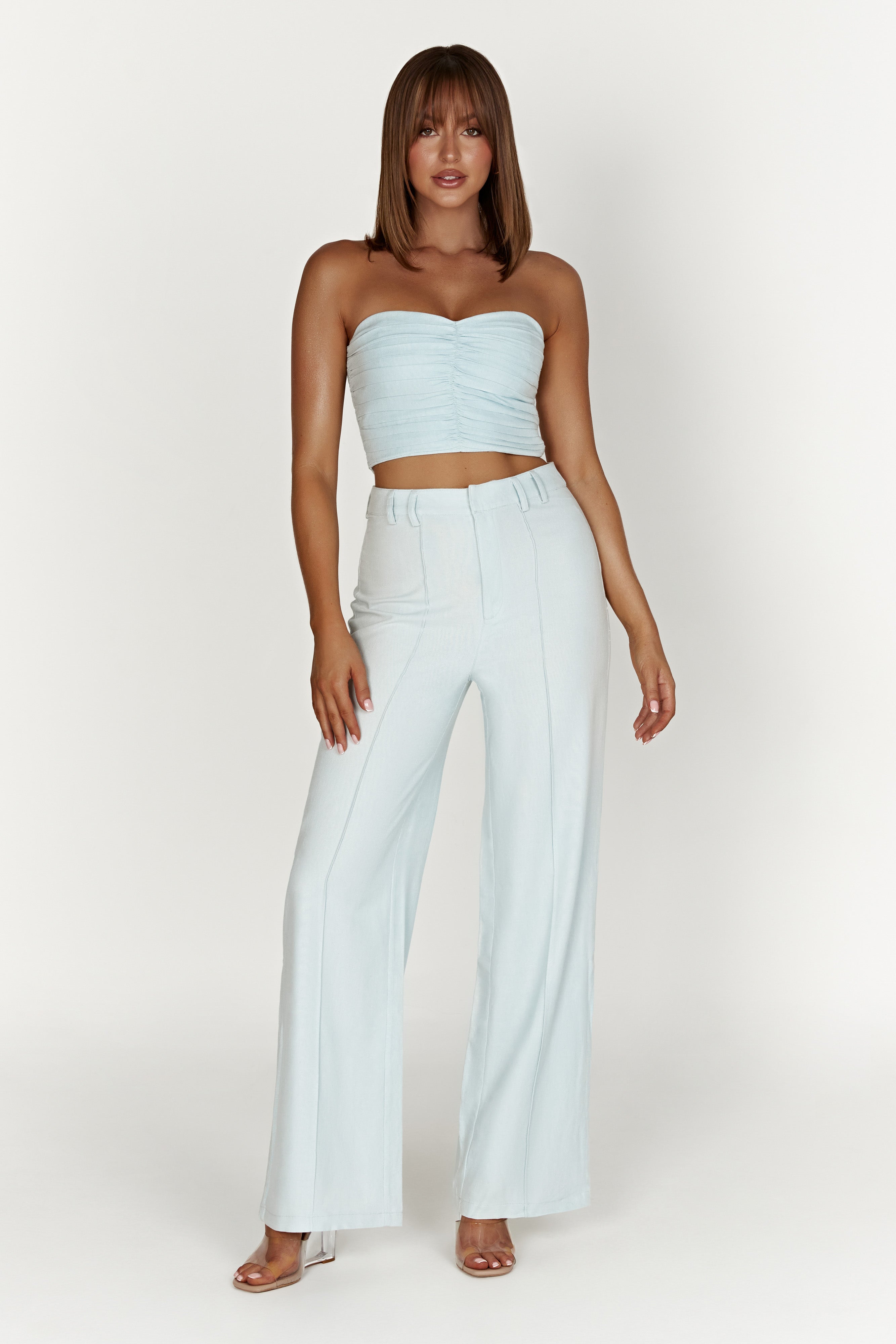 Mckenna Gathered Linen Top - Powder Blue