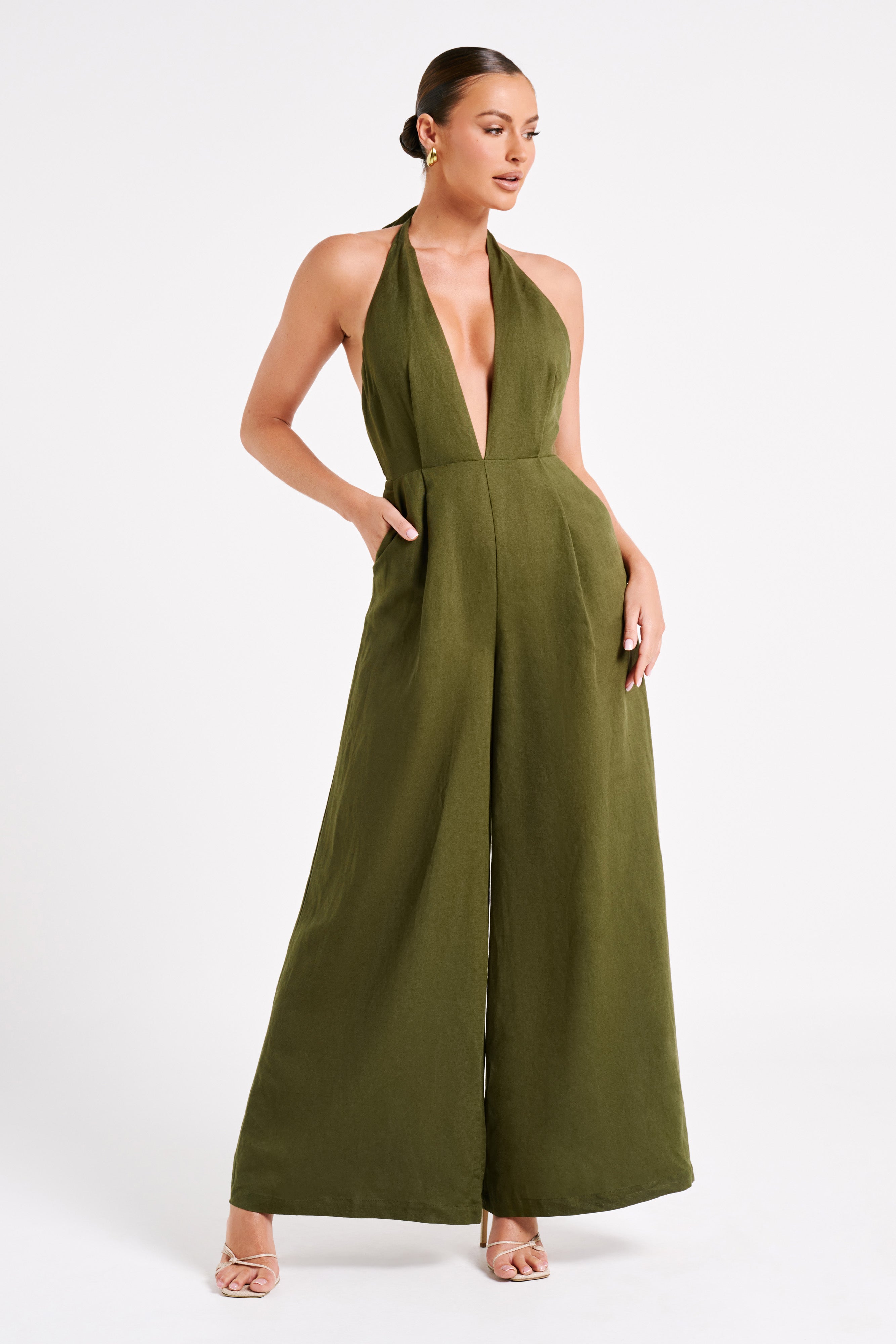 Blanca Linen Halter Jumpsuit - Khaki
