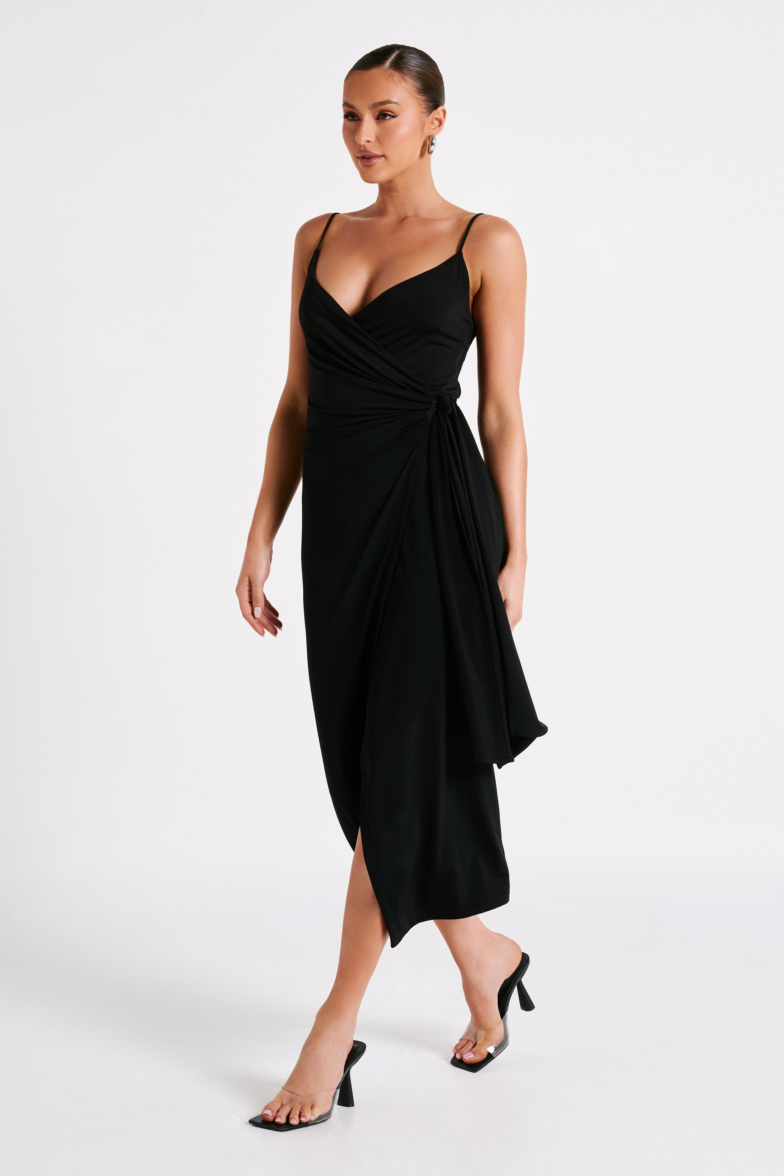 Caroline Draped Wrap Midi Dress - Black