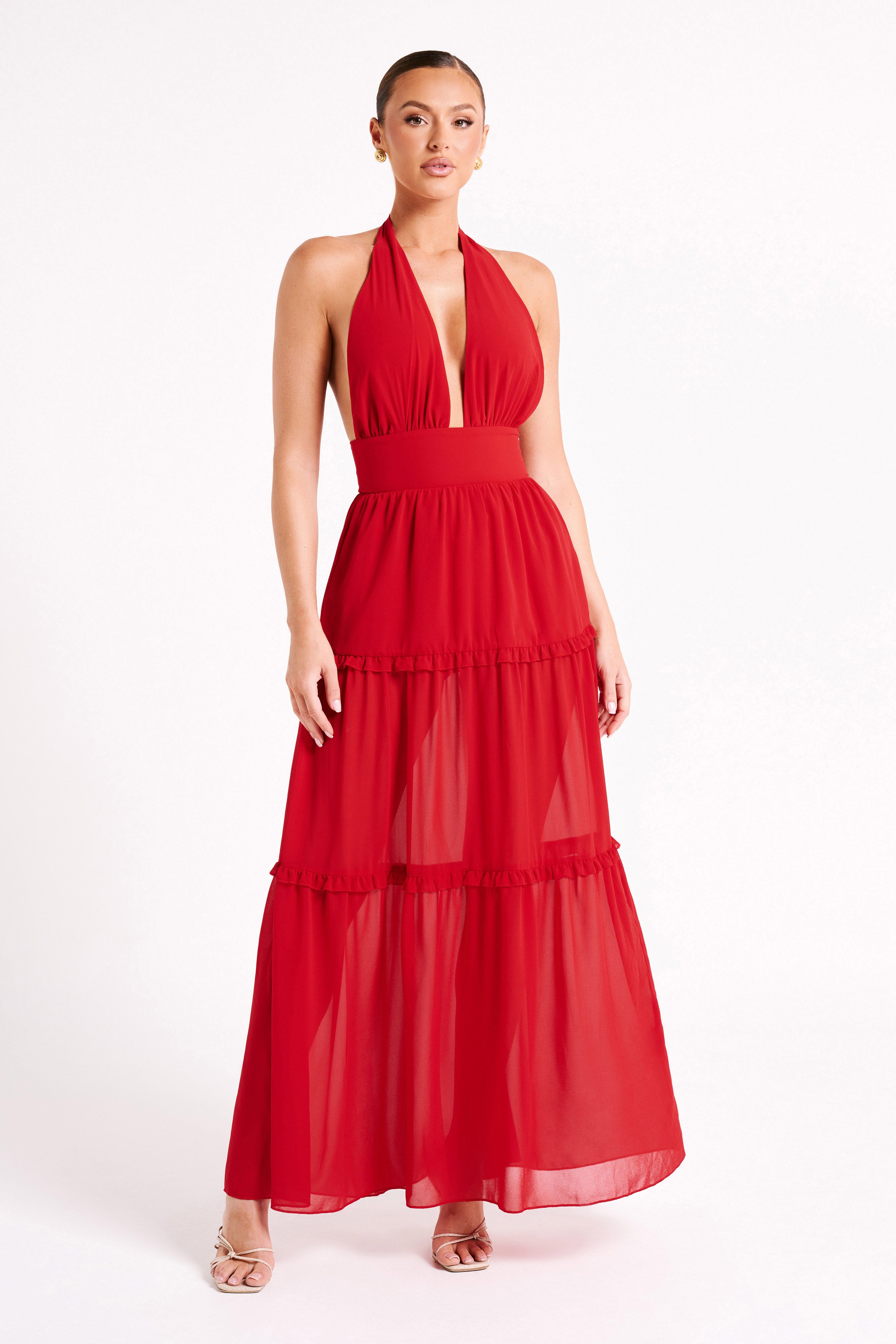 Marianna Tiered Halter Maxi Dress - Vermilion Red