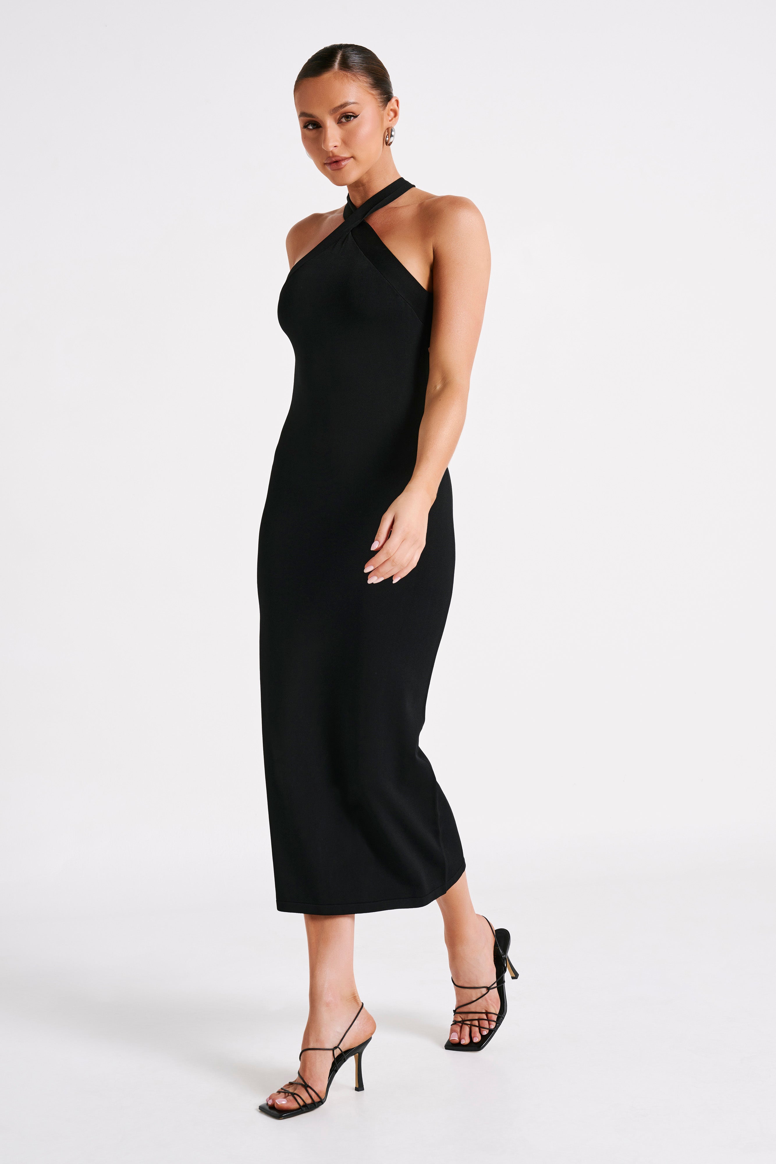 Sarai Halter Neck Knit Midi Dress - Black