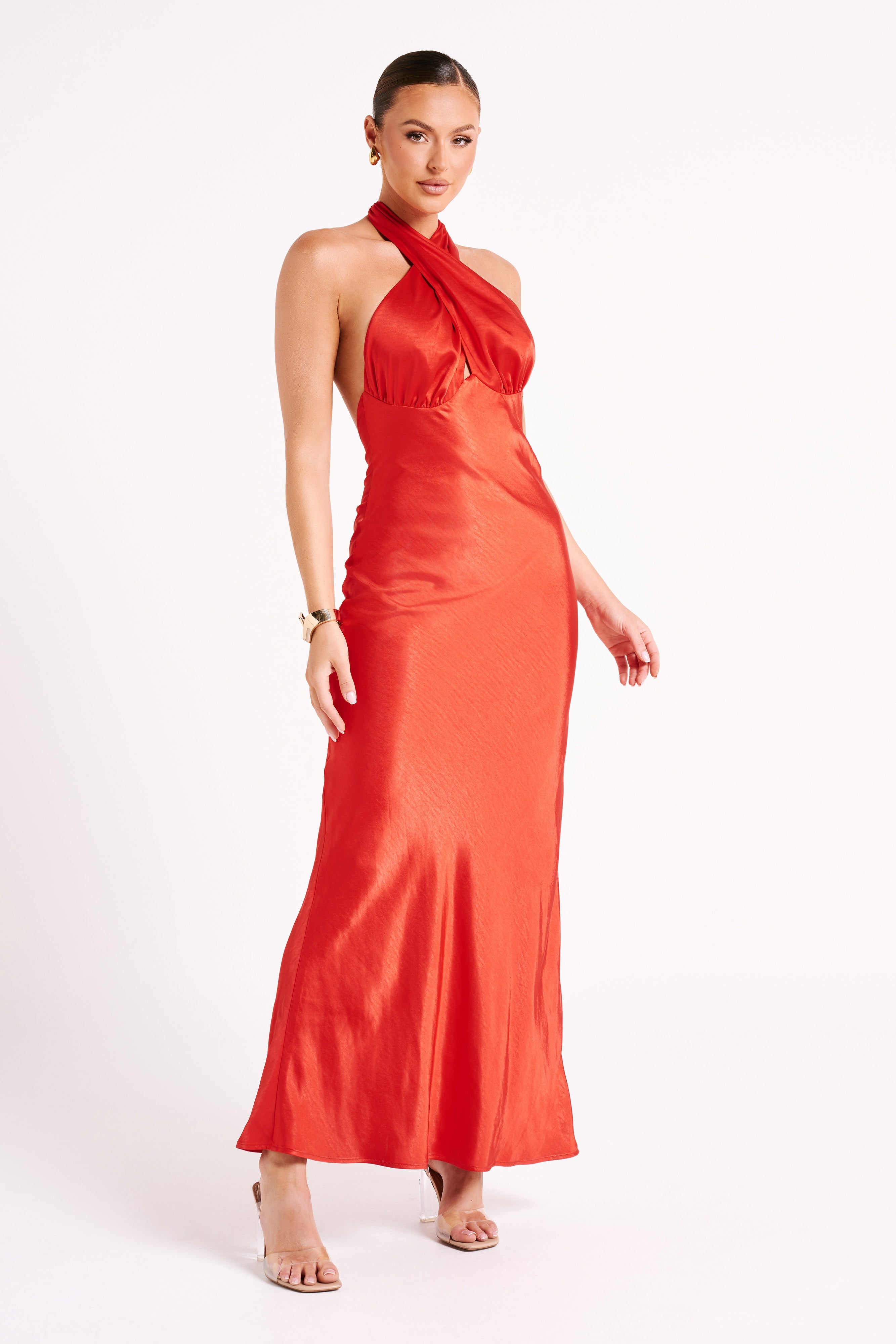 Marvelle Satin Halter Maxi Dress - Vermilion Red