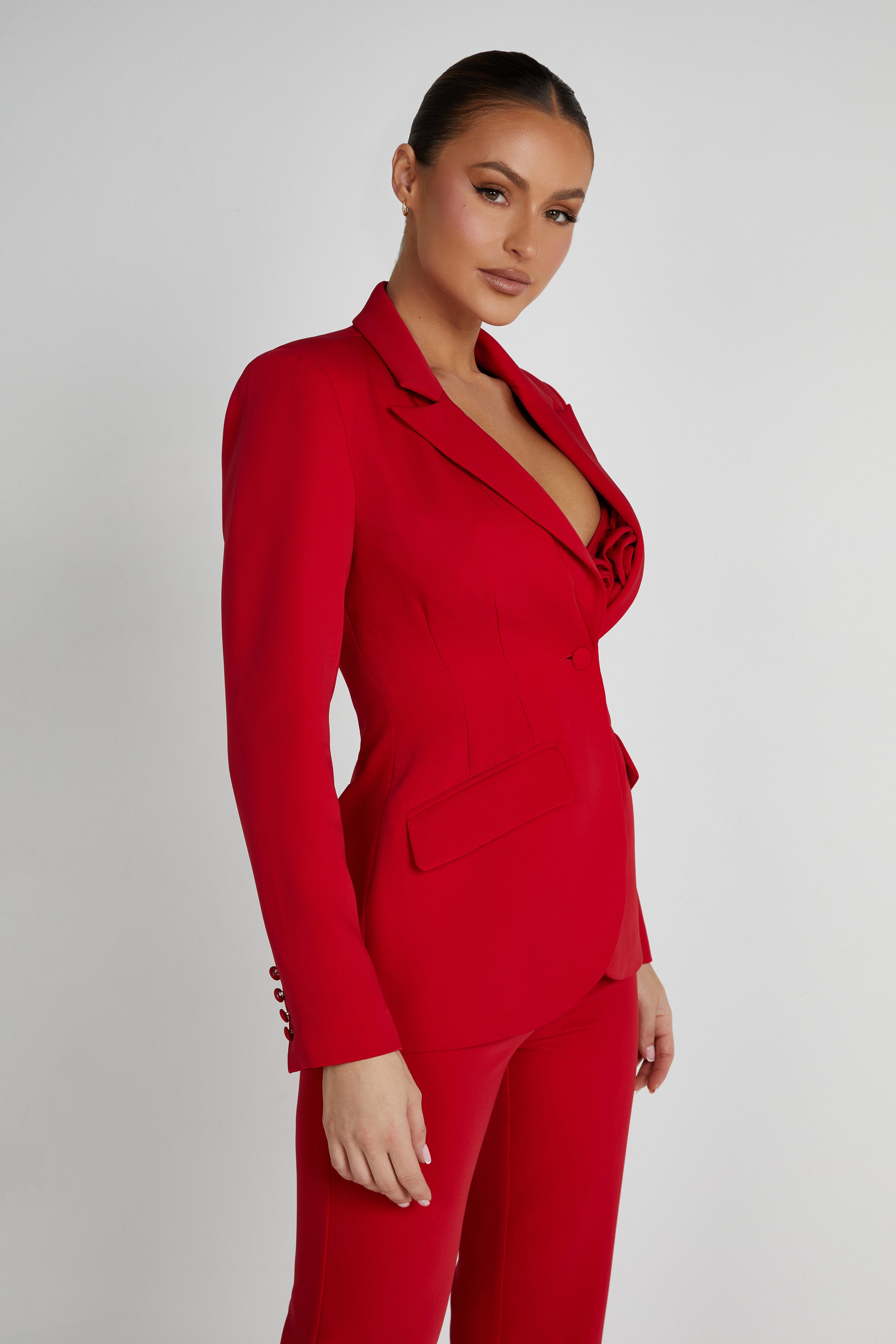 Helda Fitted Cinched Waist Blazer - Red