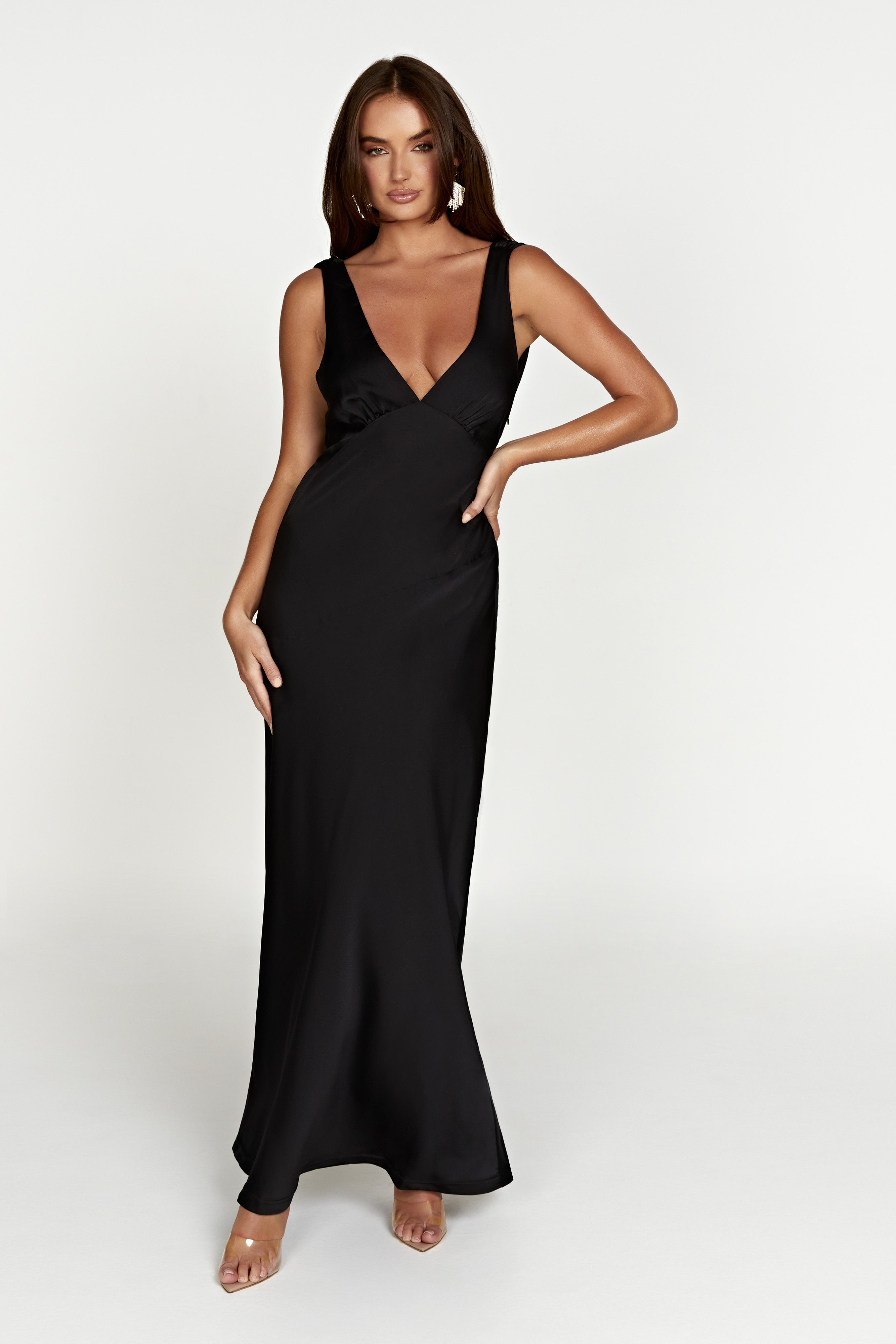 Nadia Maxi Satin Dress With Back Cowl - Black