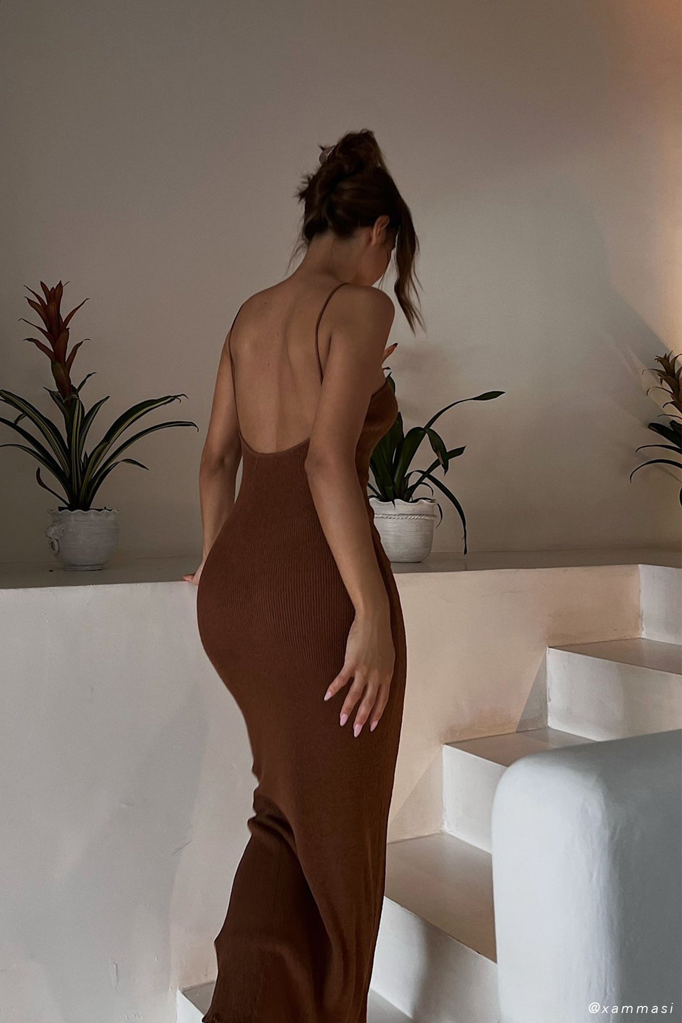 Aryana Asymmetrical Straight Maxi Halter Knit Dress - Clay