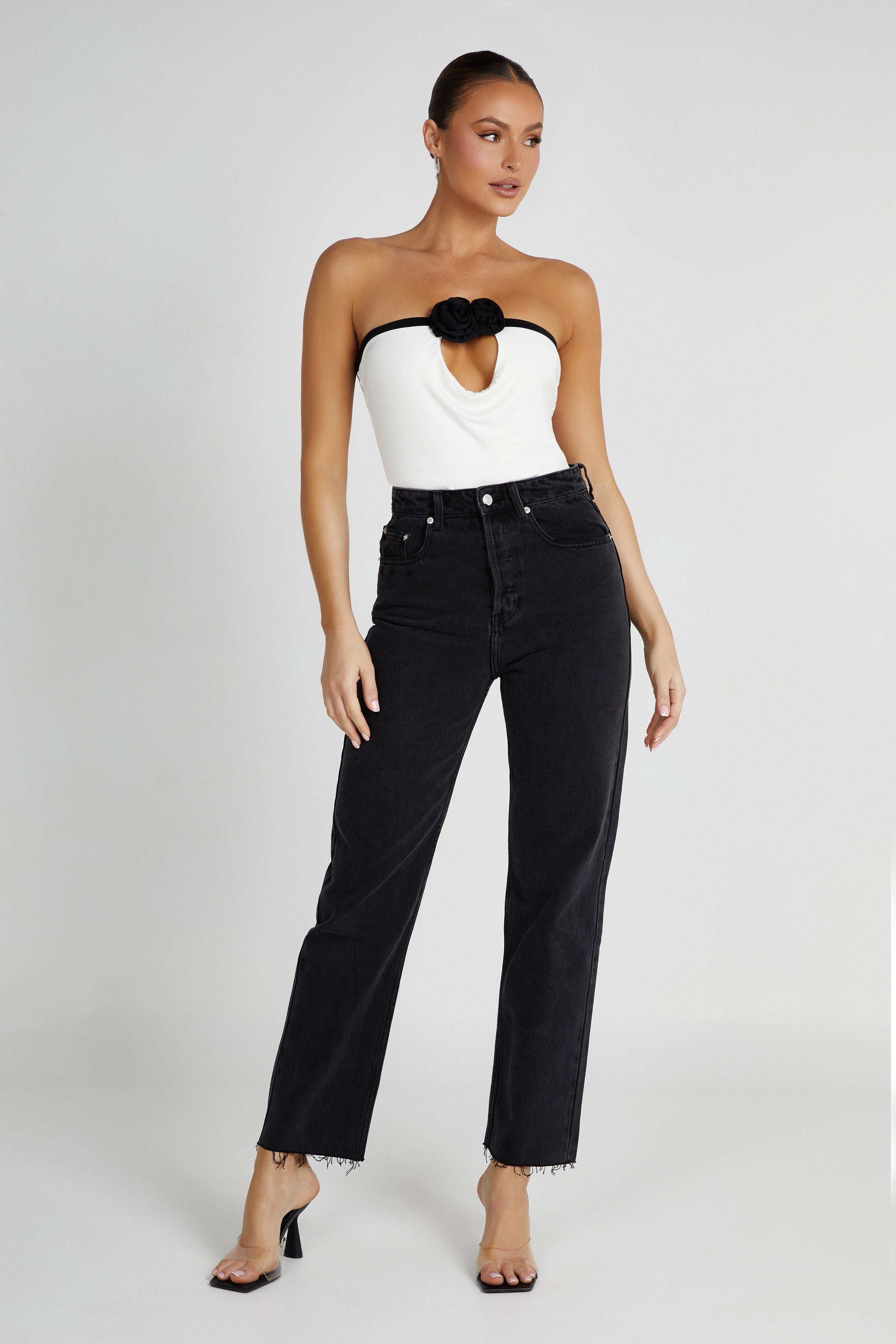 Megan Strapless Rose Top - Black/White