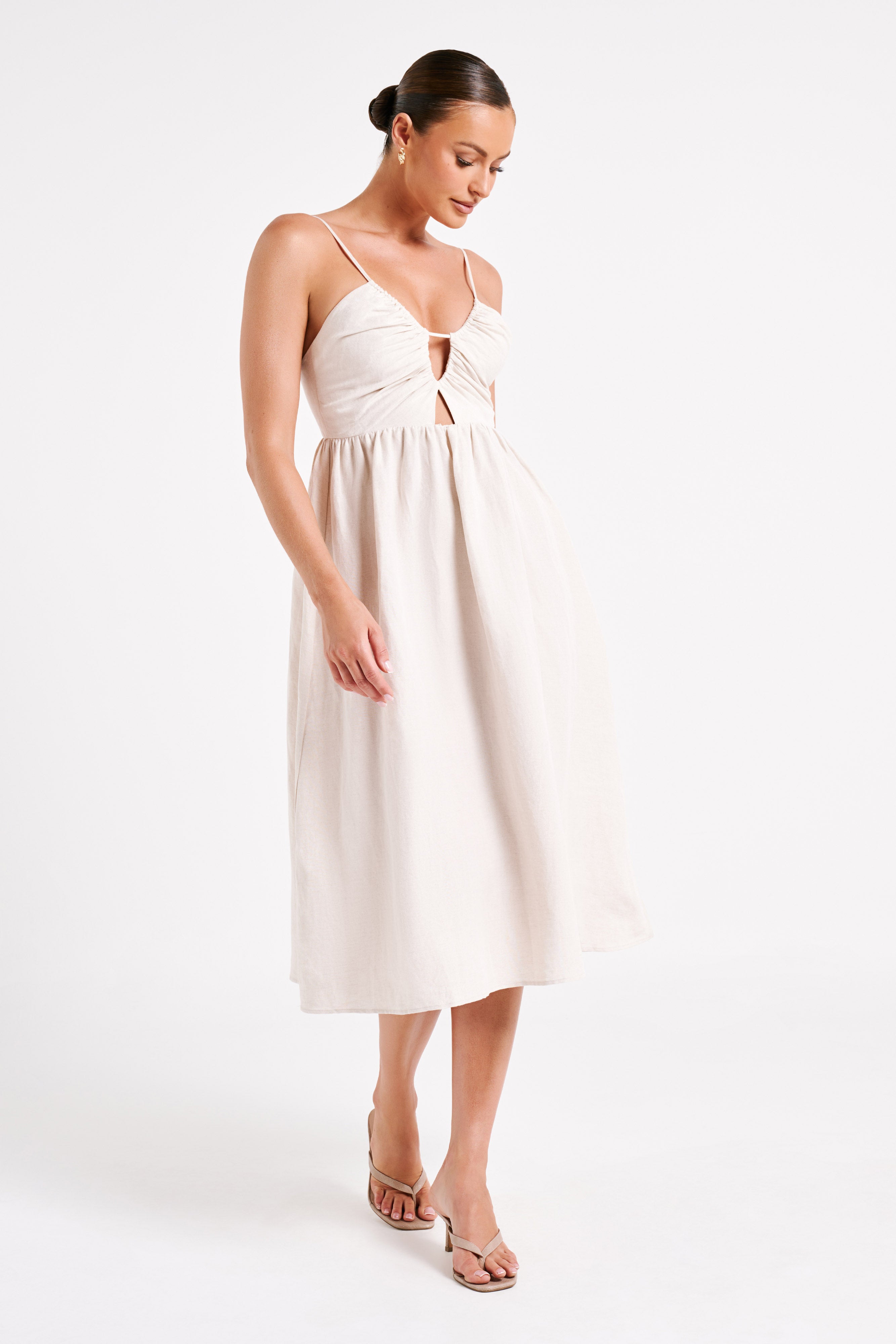 Magdelena Cut Out Linen Midi Dress - Natural