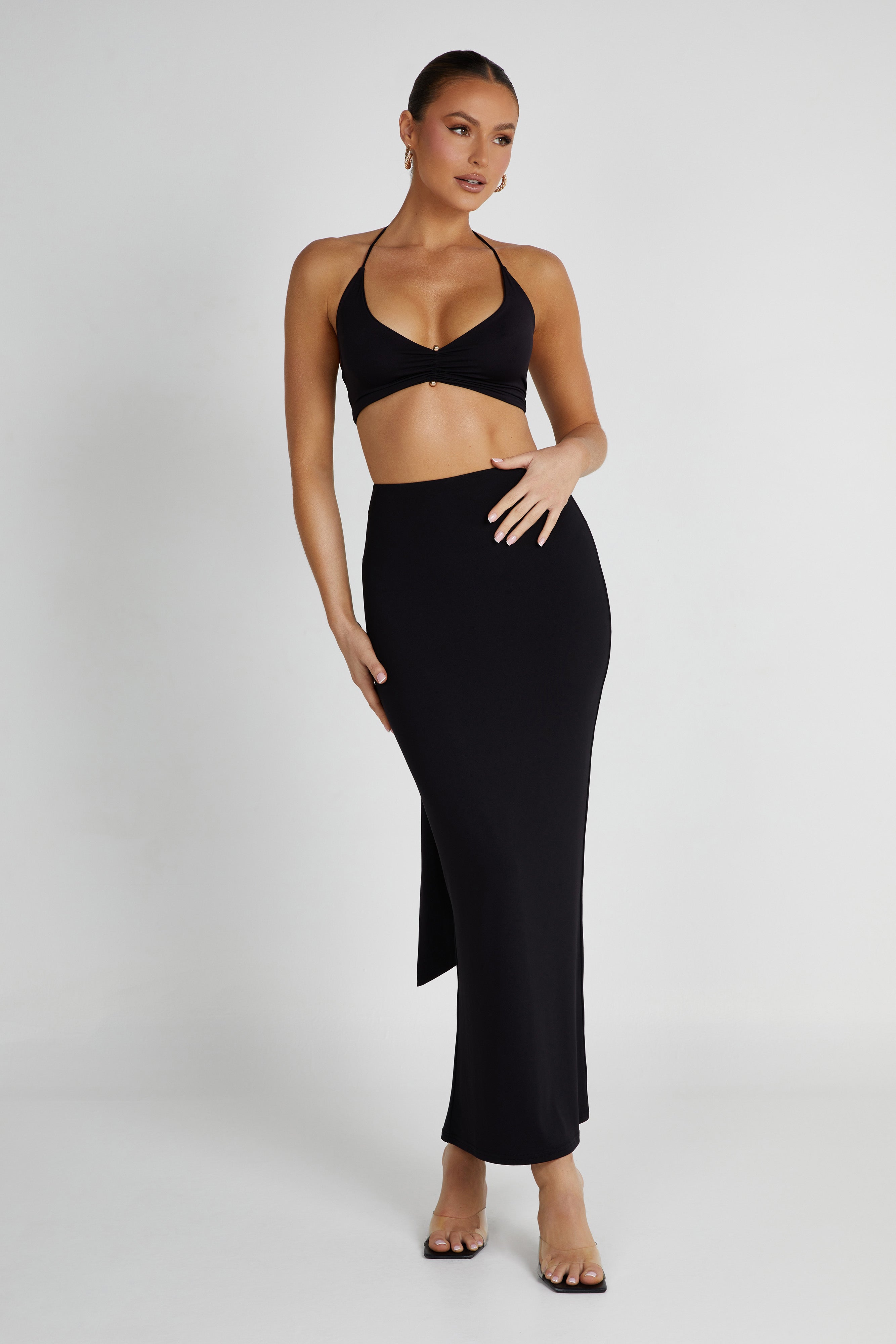 Kasia Recycled Nylon Pin Detail Wrap Top - Black