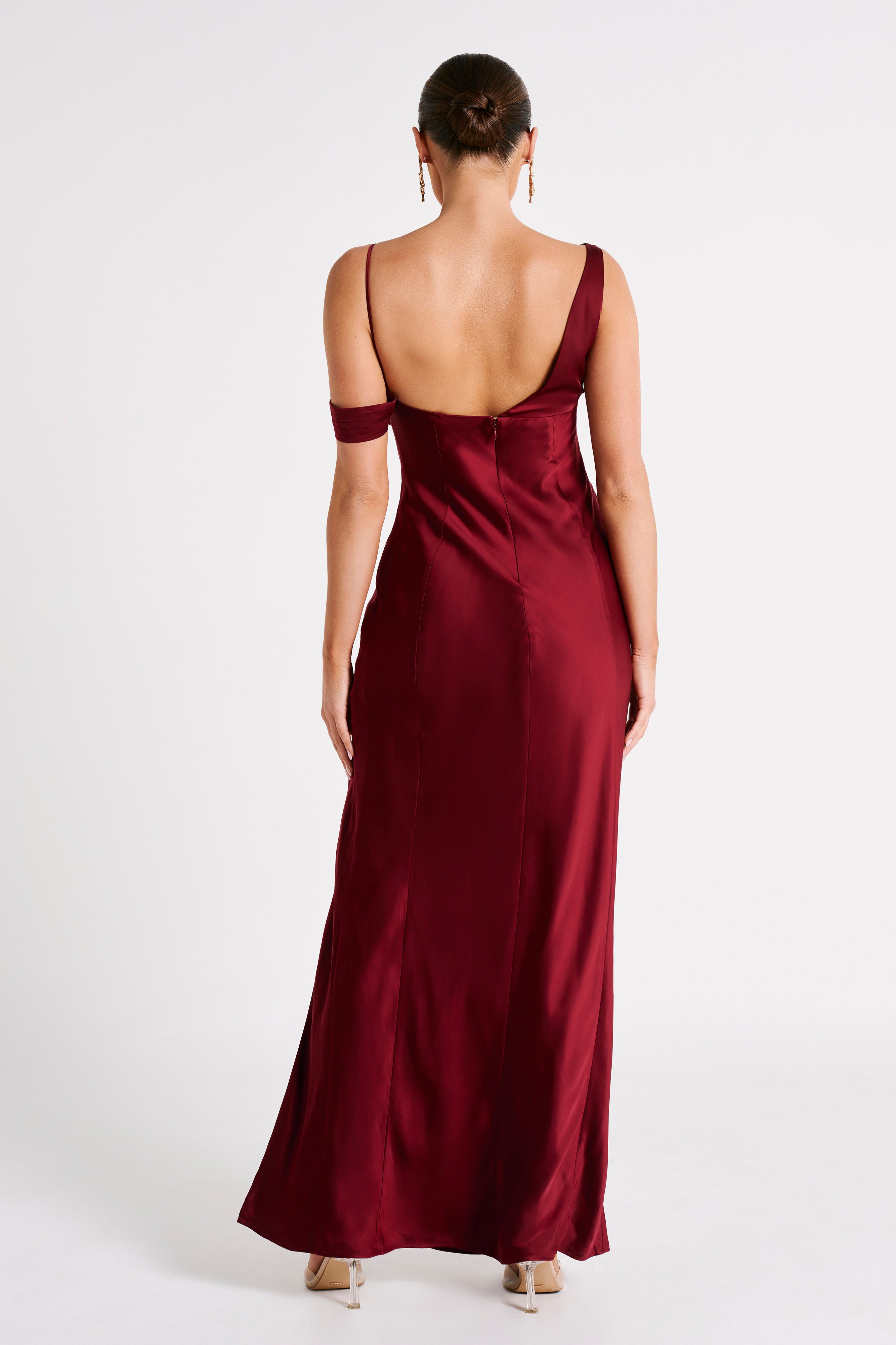 Valentine's Day Satin Off Shoulder Maxi Dress - Berry