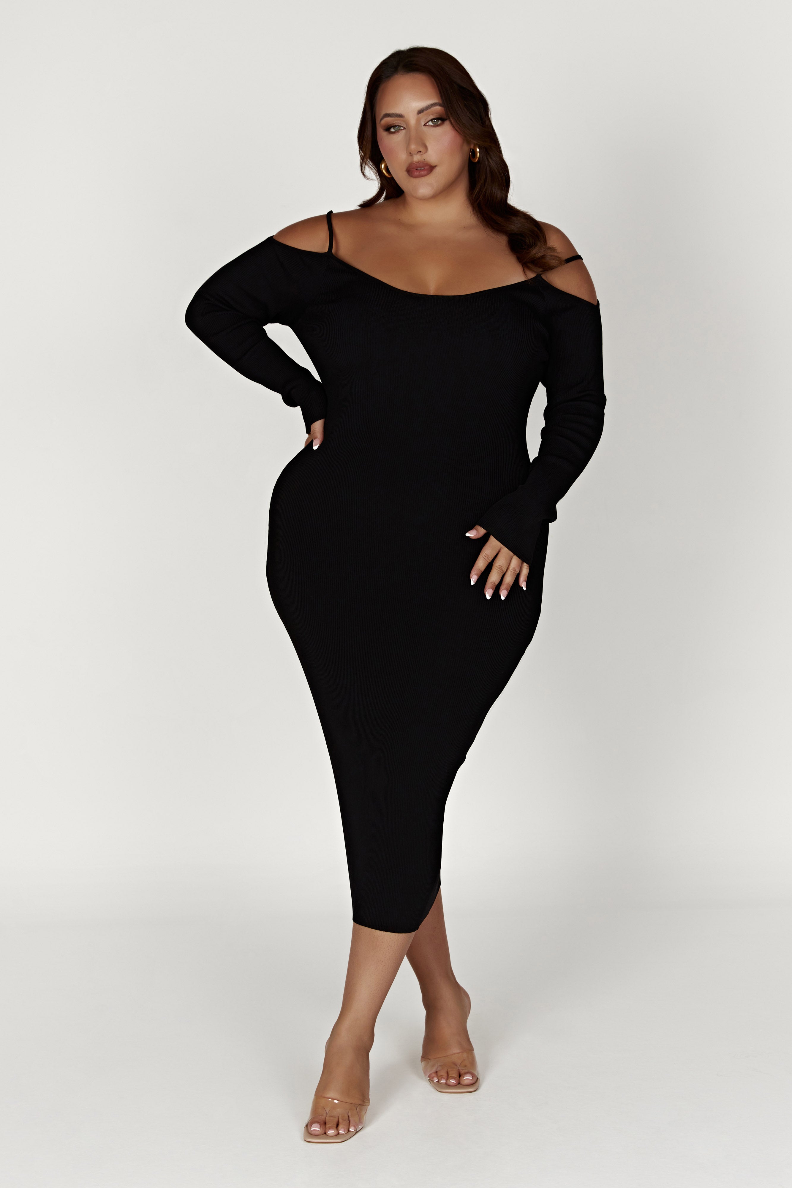 Shea Off Shoulder Knit Midi Dress - Black