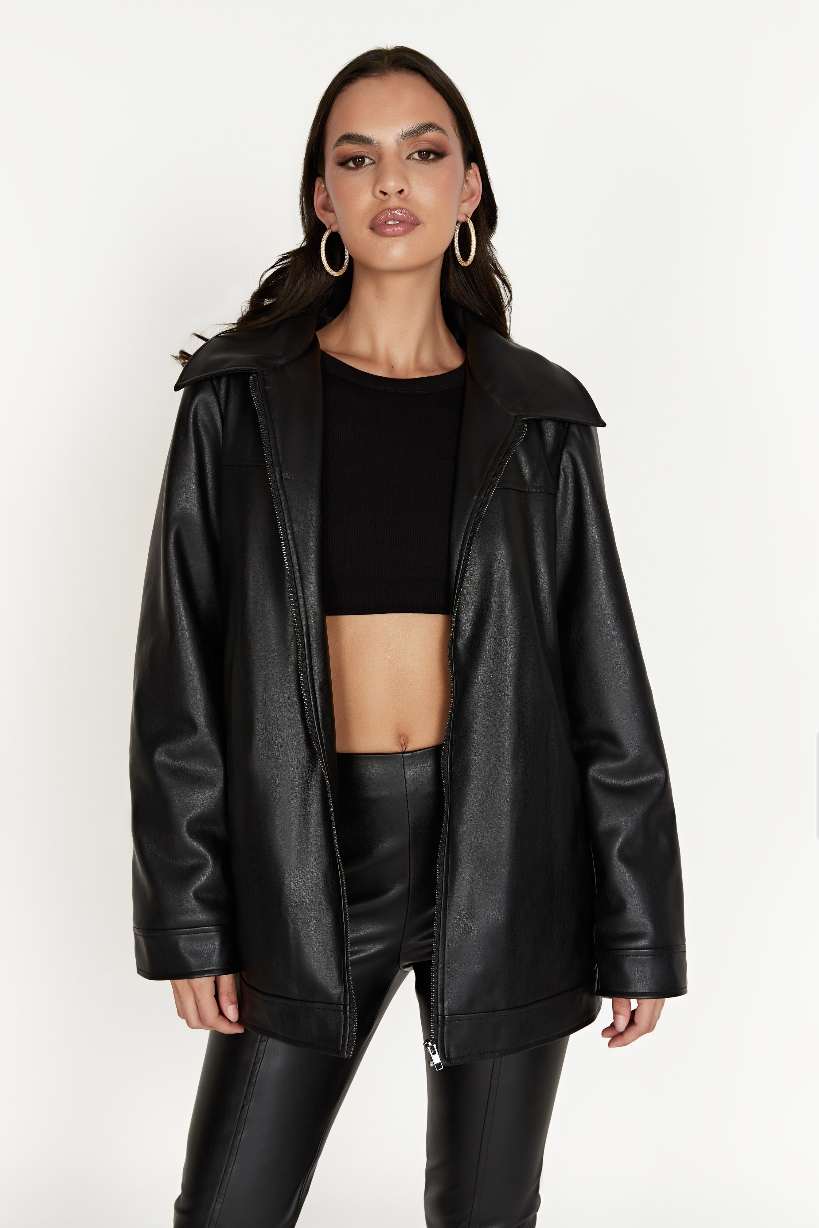 Savannah Faux Leather Aviator Jacket - Black
