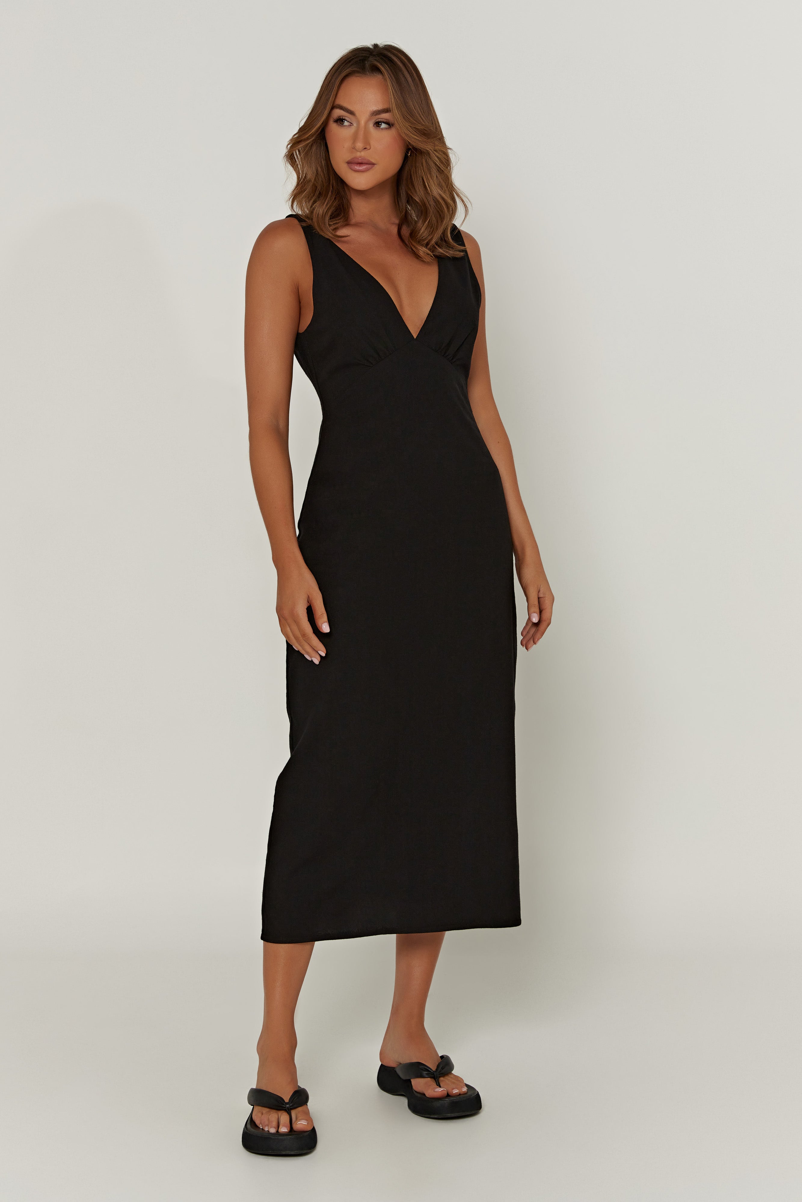 Elspeth Linen Midi Dress - Black