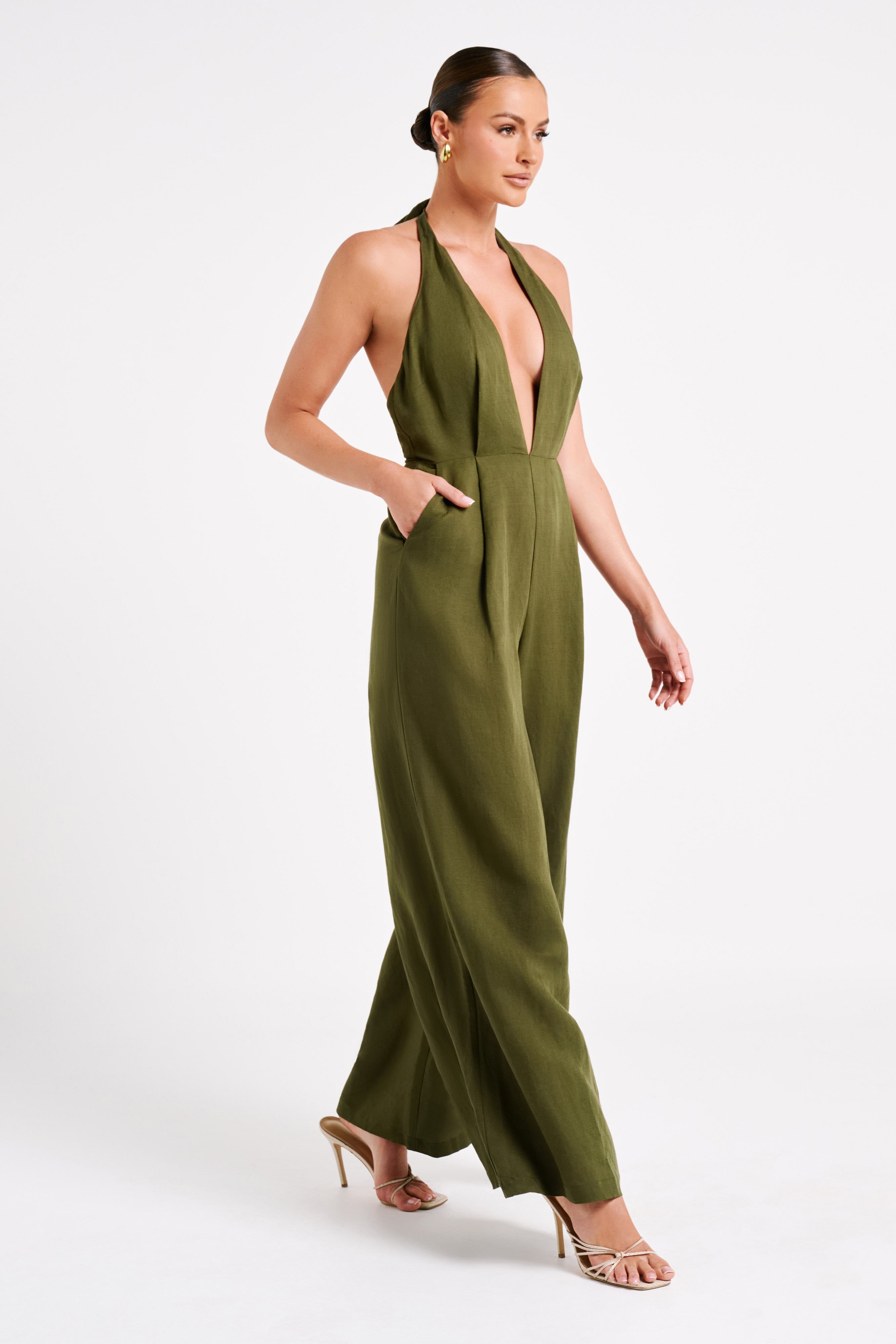 Blanca Linen Halter Jumpsuit - Khaki
