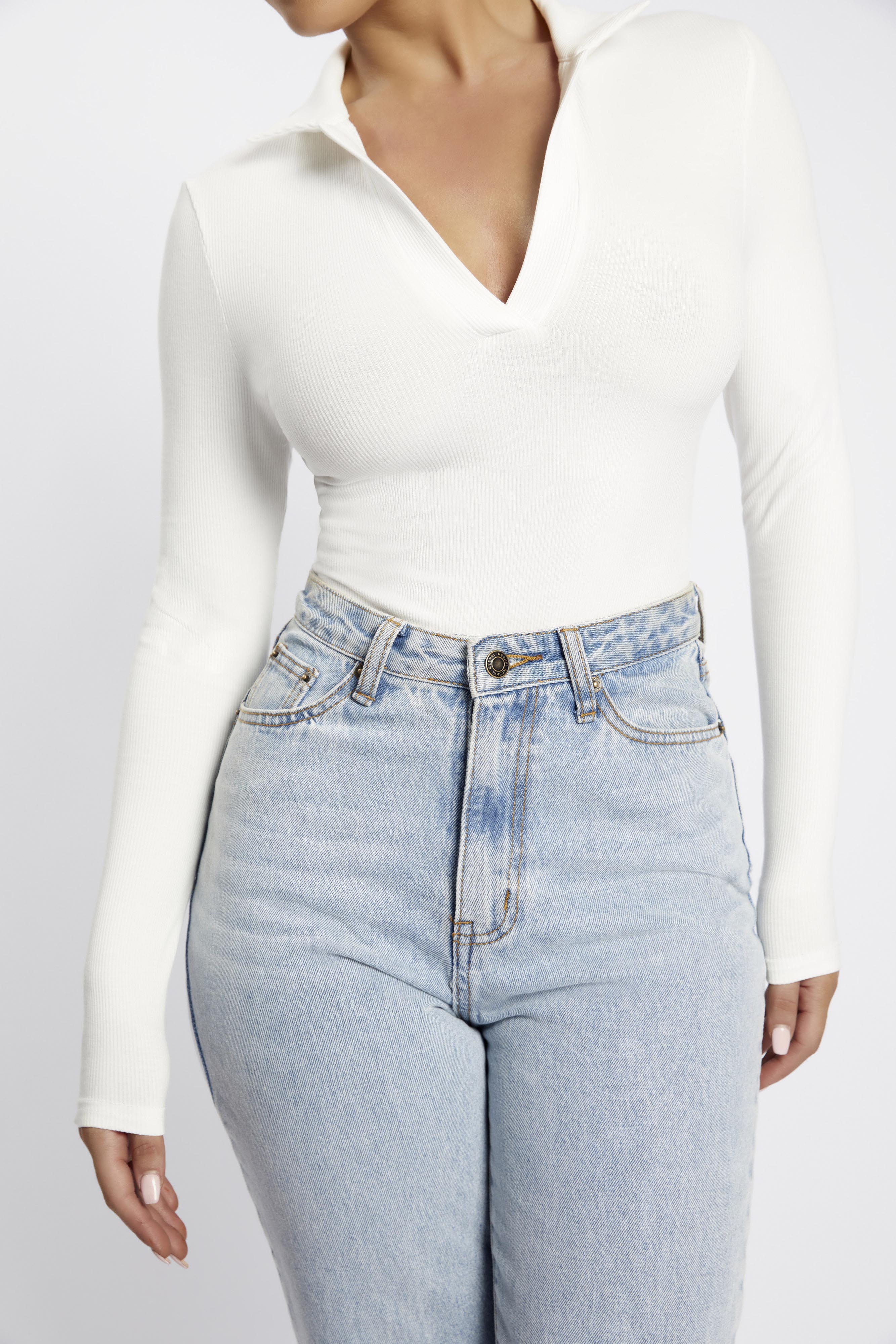 Belle Long Sleeve Collar Bodysuit - White