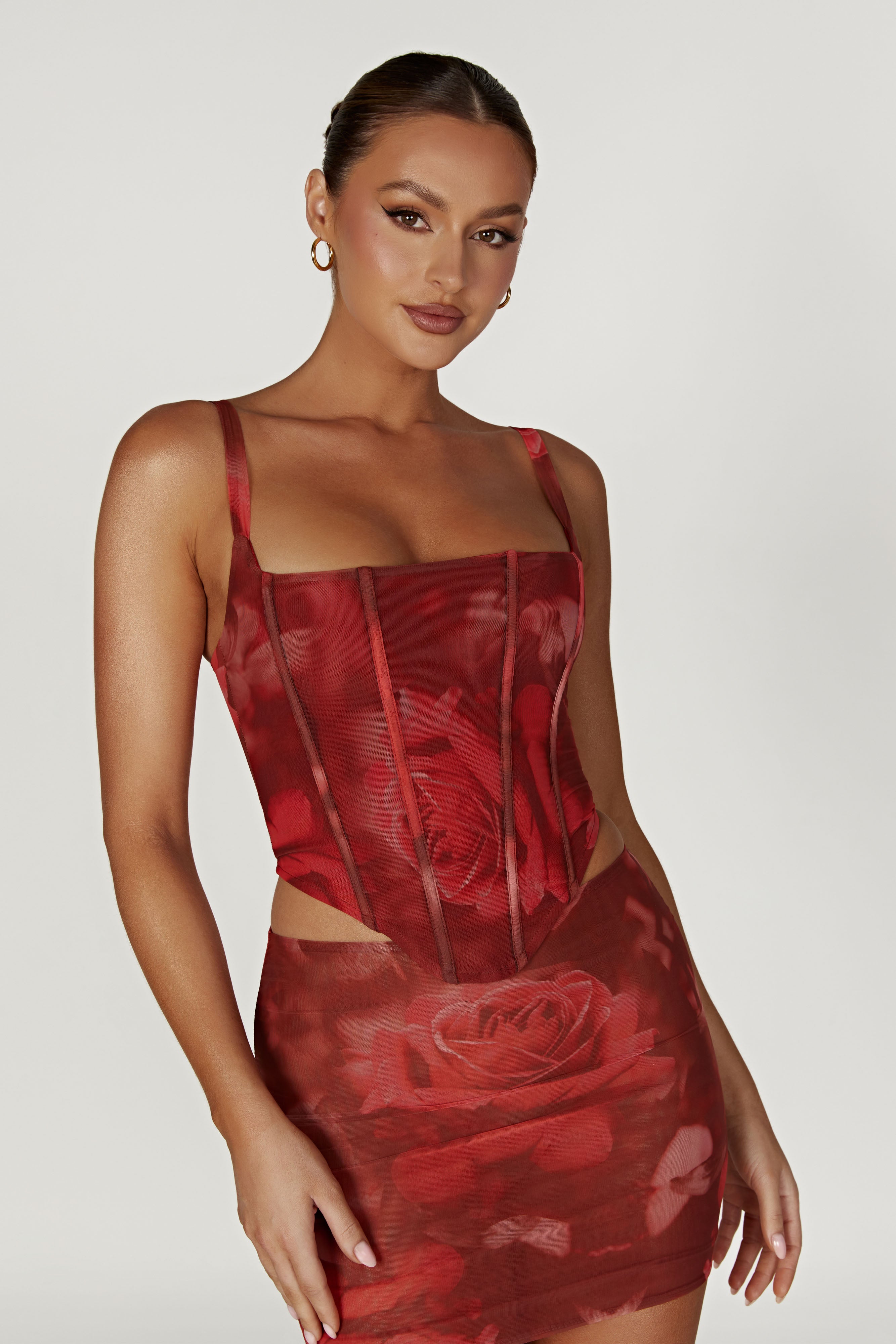 Joanie Mesh Lace Up Corset - Oversized Rose Print