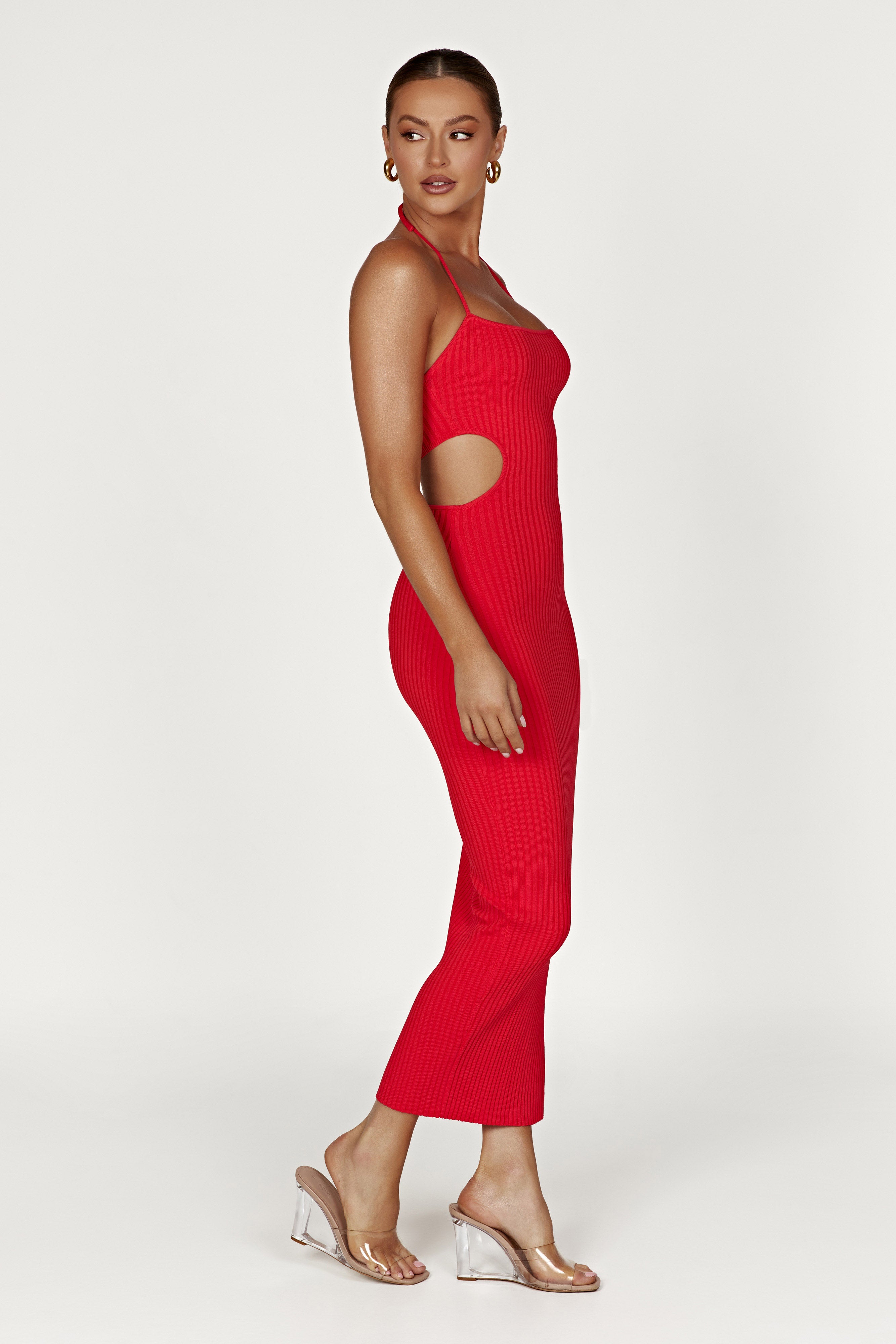Morgan Halter Knit Midi Dress - Red