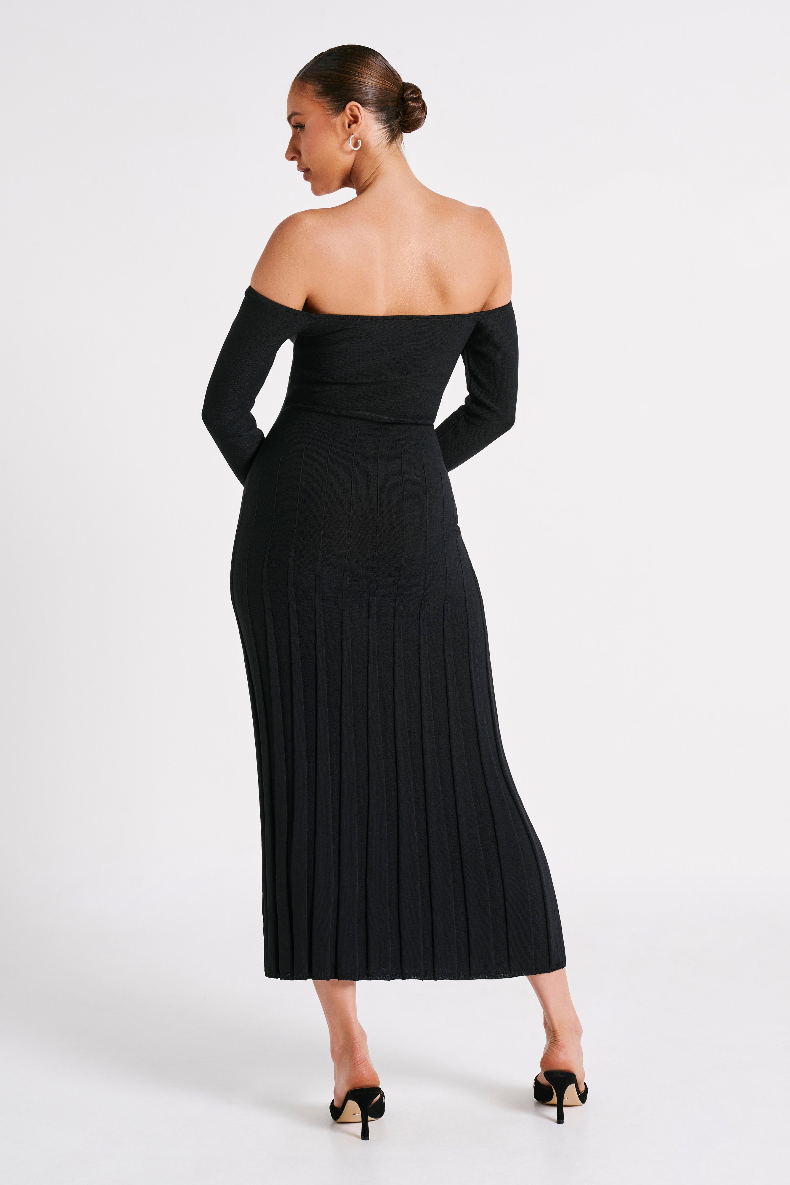 Emmeline Long Sleeve Rib Knit Midi Dress - Black