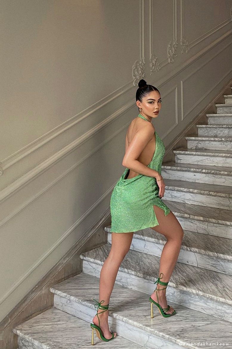 Meilani Low Back Diamante Mesh Mini Dress - Green