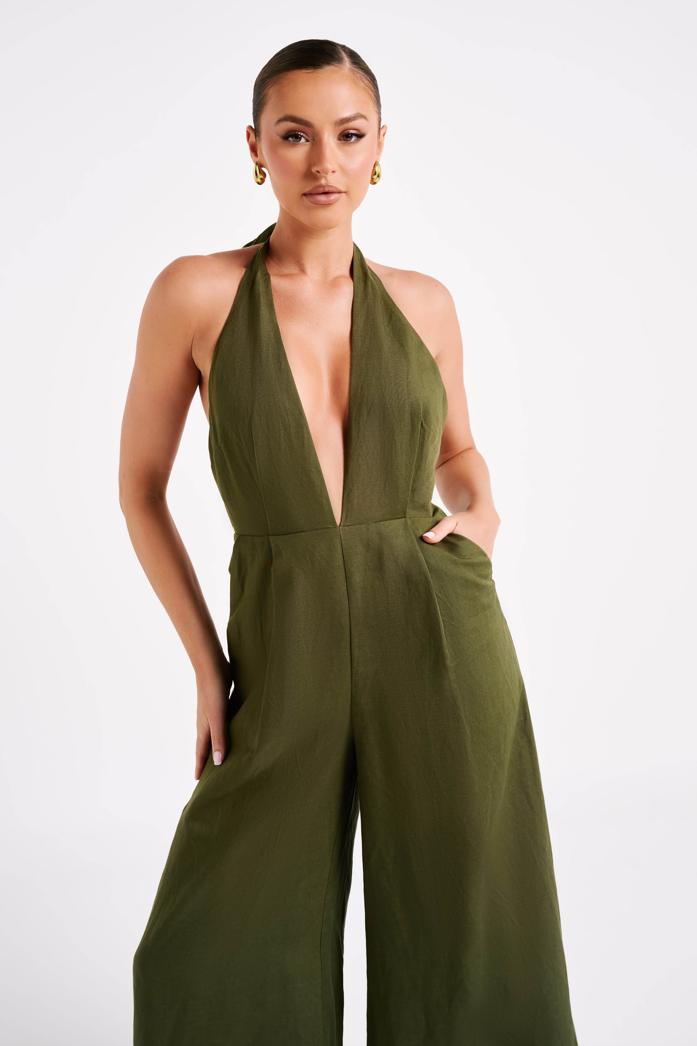 Blanca Linen Halter Jumpsuit - Khaki