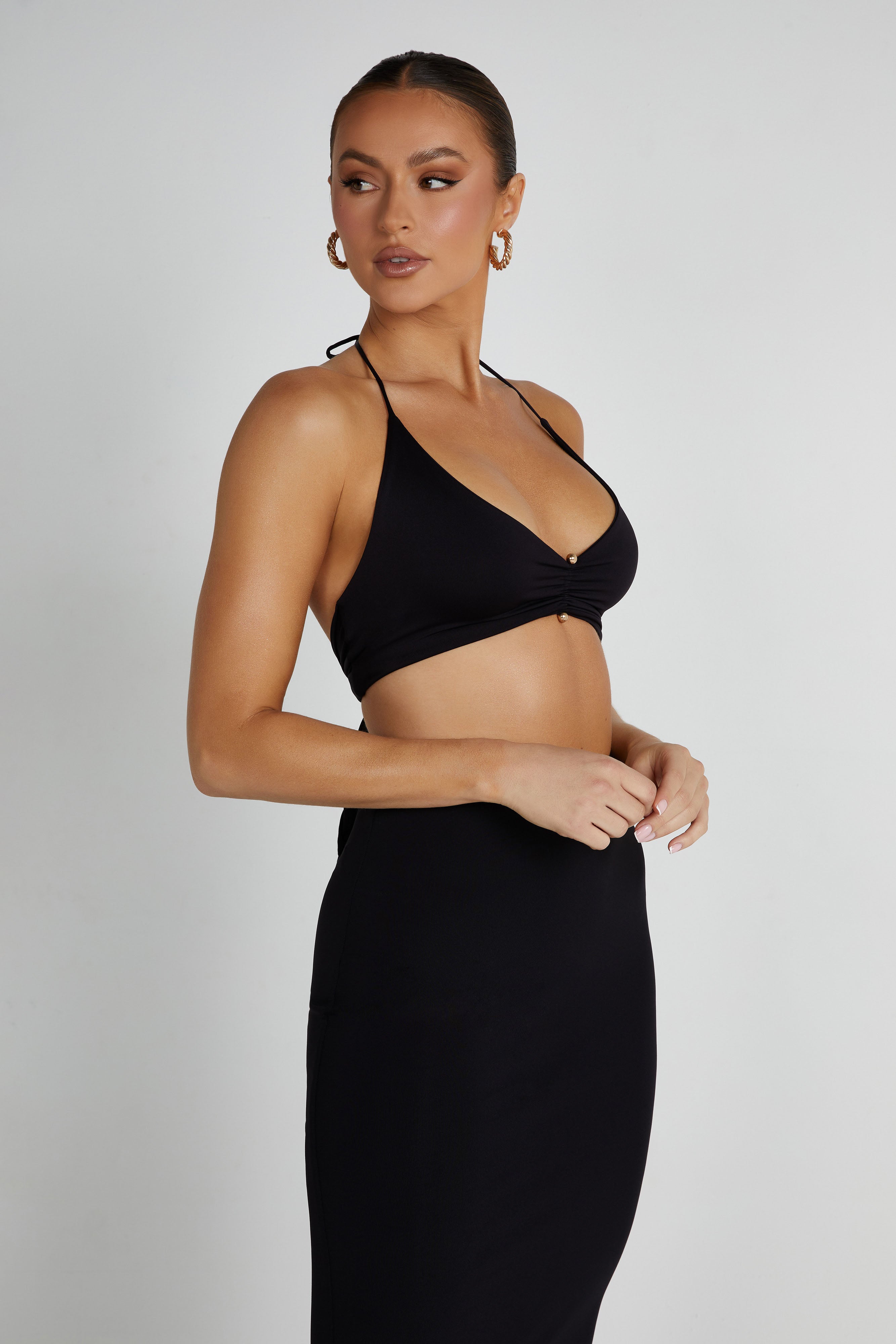 Kasia Recycled Nylon Pin Detail Wrap Top - Black